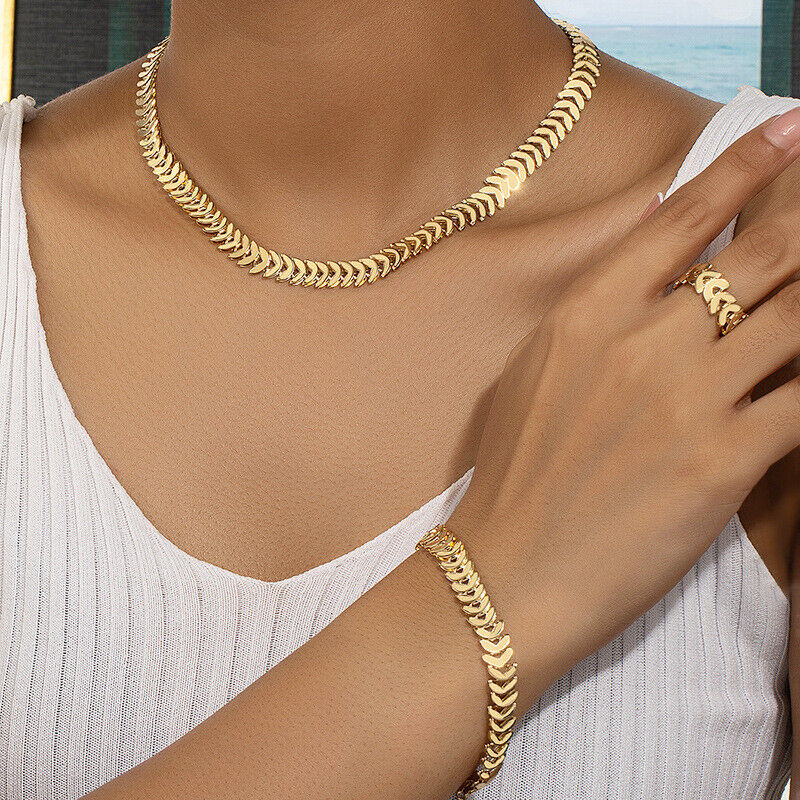 Women\'s Fashion Jewelry Gold Petals Weave 3 Piece Ring Bracelet Necklace Set