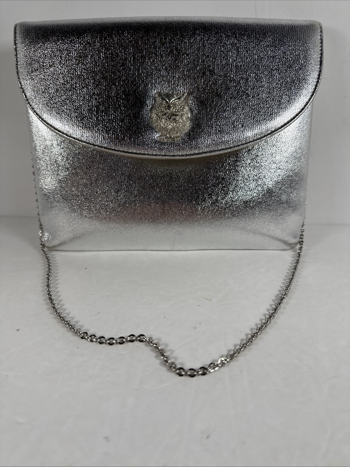 VTG Miss Lewis Brand Silver Leather Shoulder Bag Clutch Handbag w/Owl Accent GUC