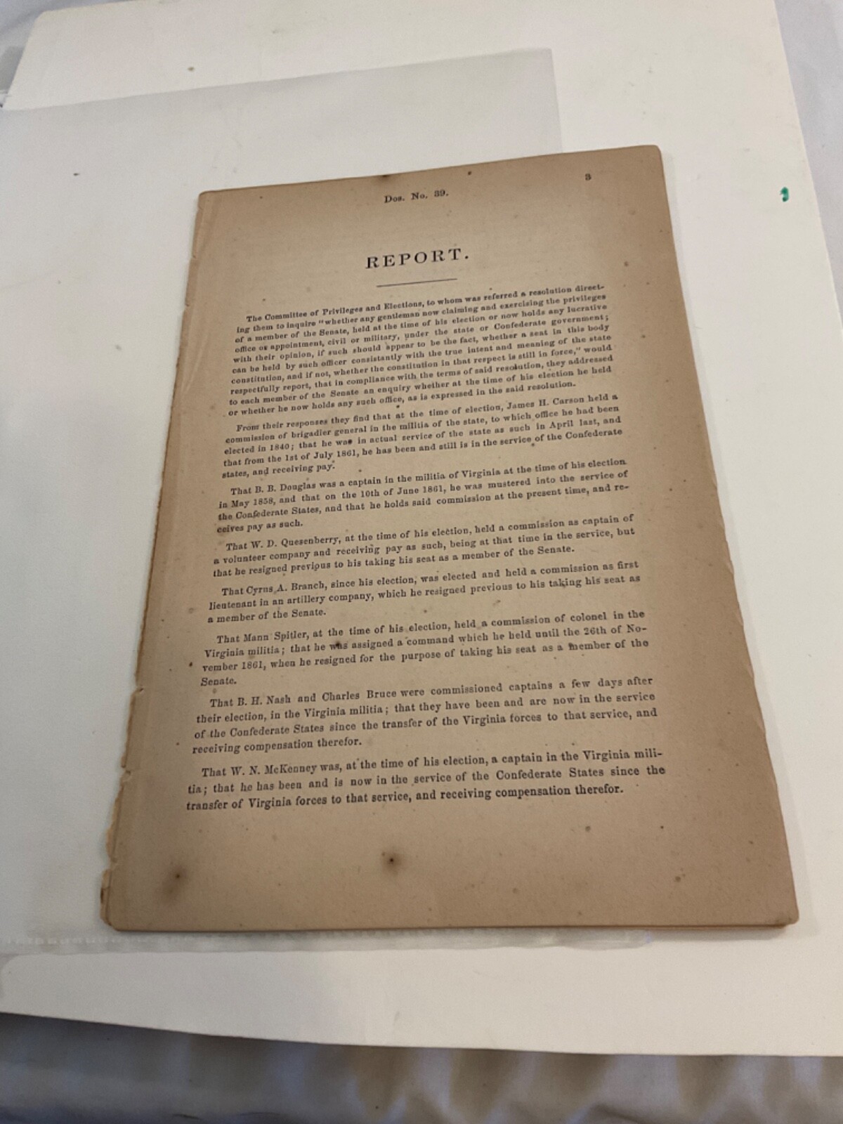 CIVIL WAR 1862 CONFEDERATE CONGRESS REPORT  QUALIFICATION OF SENATORS RICHMOND