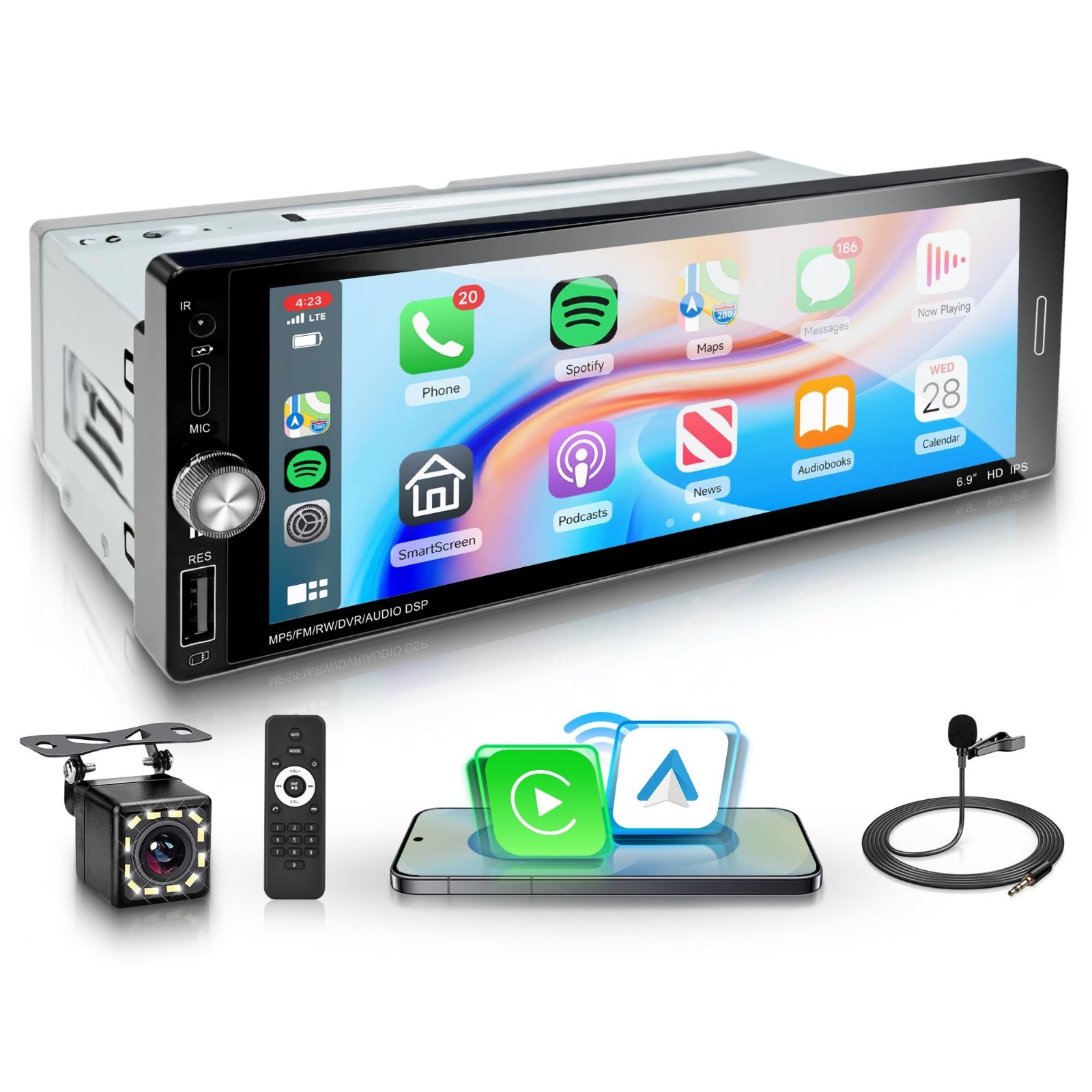 6.9 inch Car Stereo Single Din Touch Screen Wireless Carplay Android Auto