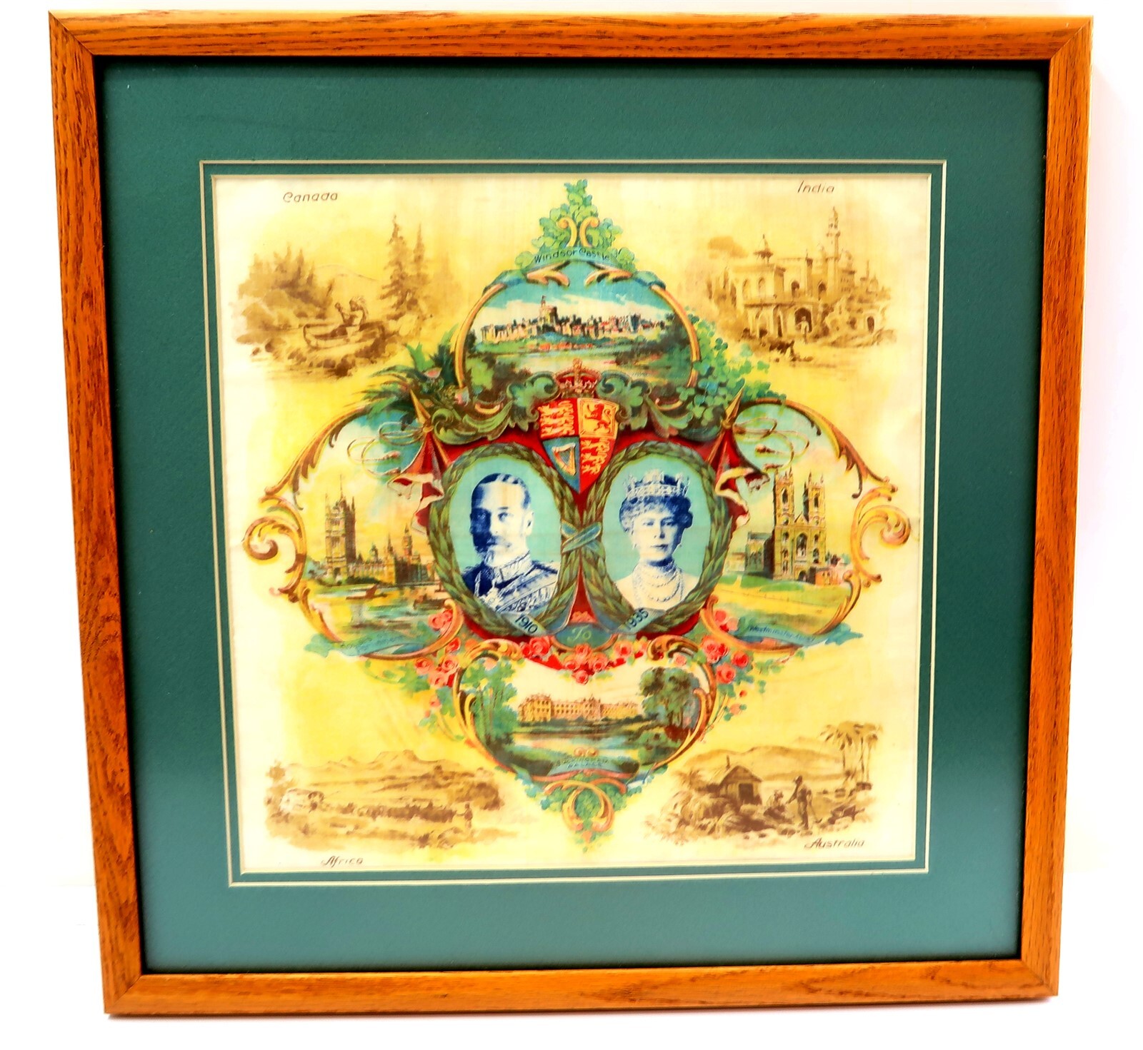 Antique 1935 KING GEORGE V & QUEEN MARY Framed Textile Handkerchief 18\