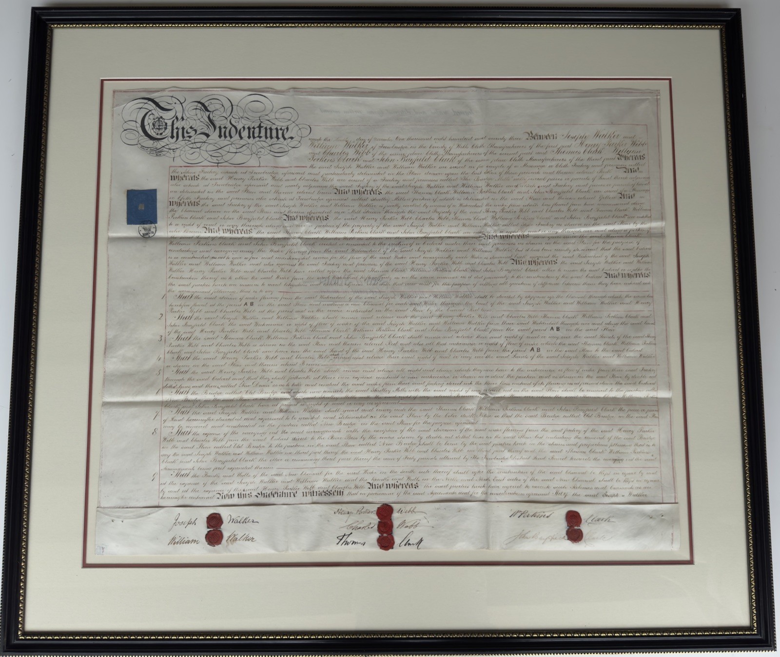 1873 Framed English Indenture Deed Land Conveyance Wax Seals Victorian 38x33