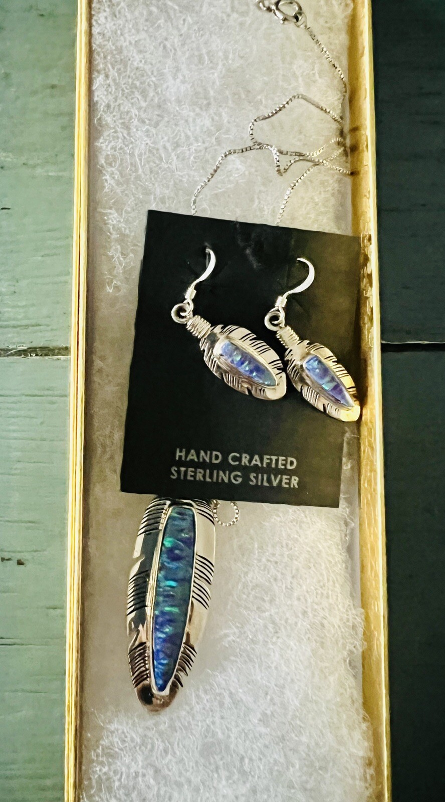 Navajo Handmade Sterling Silver Opal Inlay Feather Pendant & Earrings Signed Set