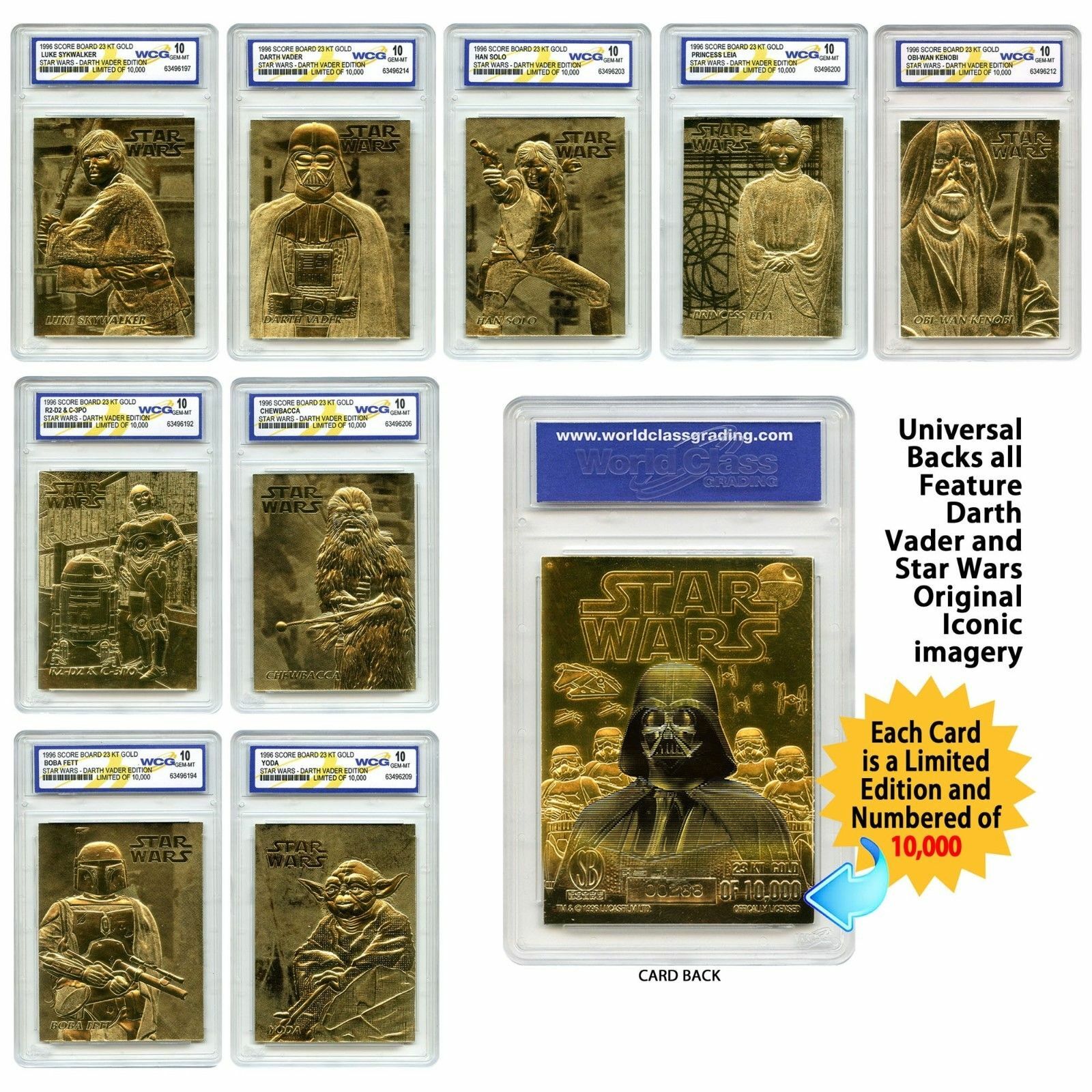 (9) STAR WARS 23KT GOLD CARD WCG GEM MT 10 COMPLETE SET LEIA/LUKE/YODA/SOLO