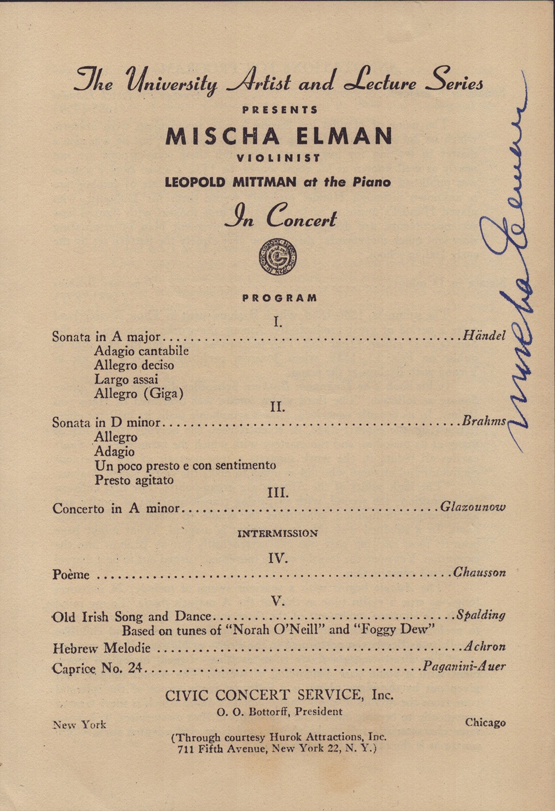 MISCHA ELMAN - PROGRAM SIGNED