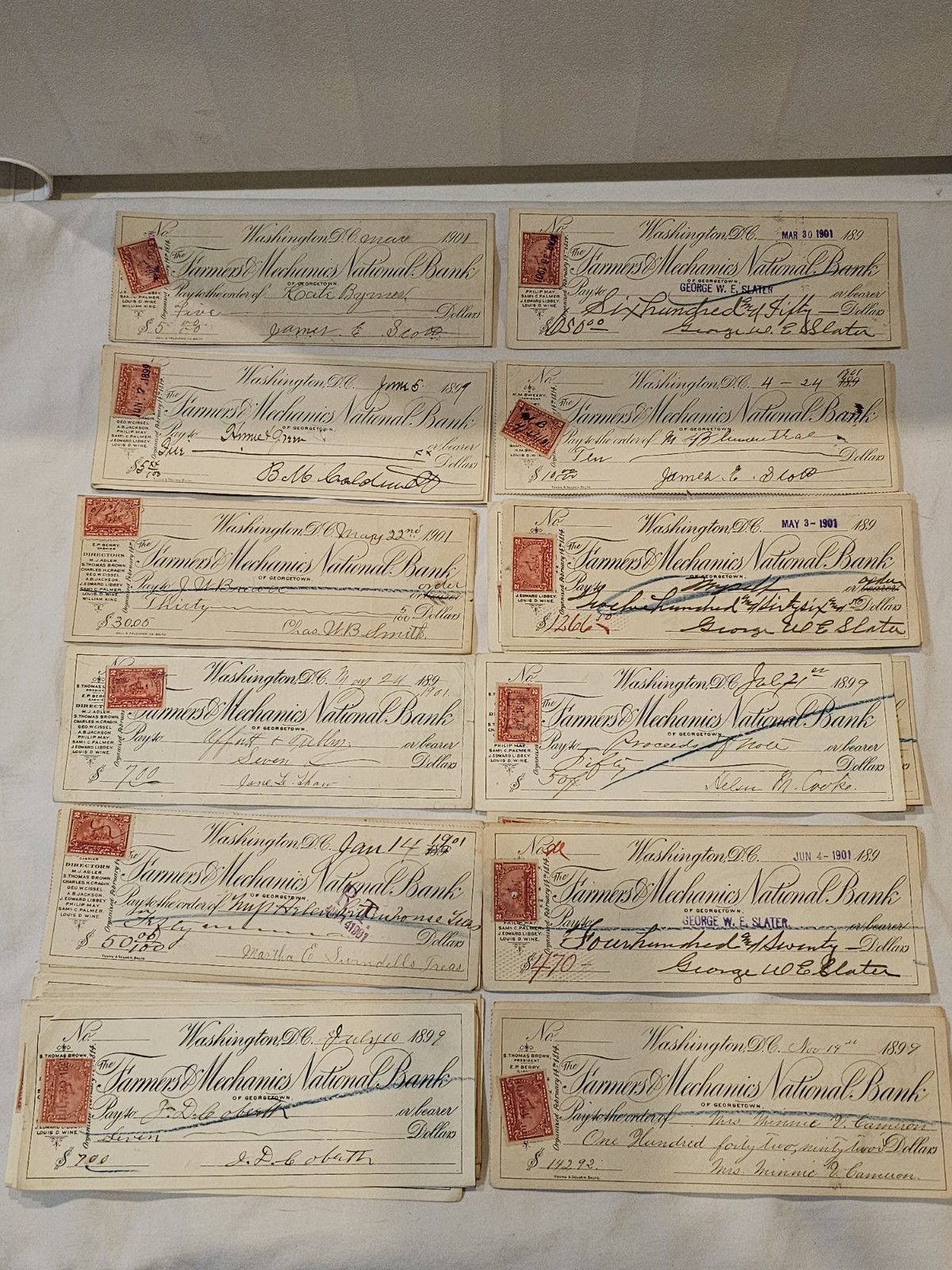 Lot of 37 Canceled Checks with 2 Cent US Documentary Stamps from 1899 - 1901 