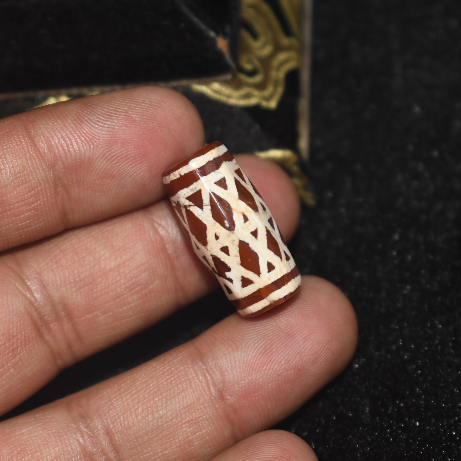 Rare Antique Old Near Eastern Etched Carnelian Stone Dzi Bead with Rare Pattern