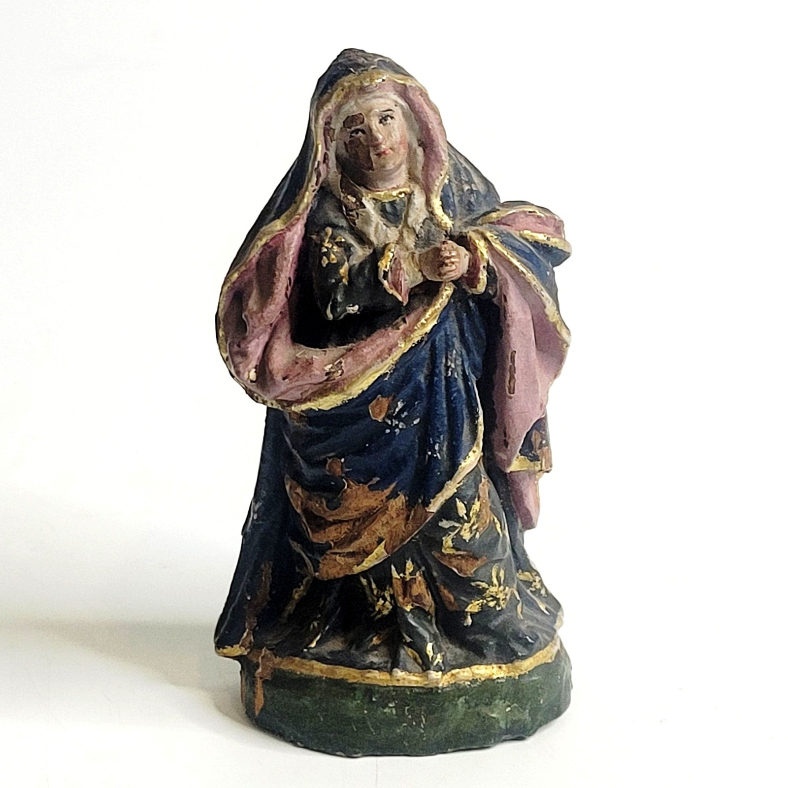 Antique Carved Polychrome Wooden Santos Madonna Figure Religious Folk Art 18th c