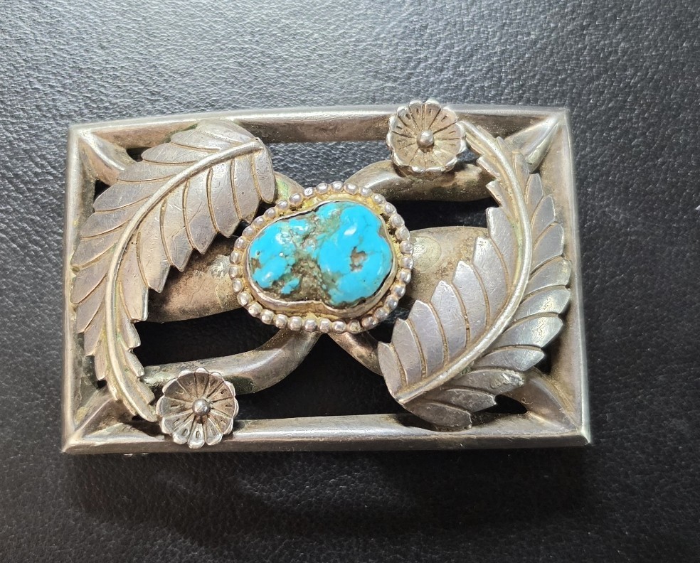 Vintage Navajo Sterling Silver Turquoise Belt Buckle 80 Grams