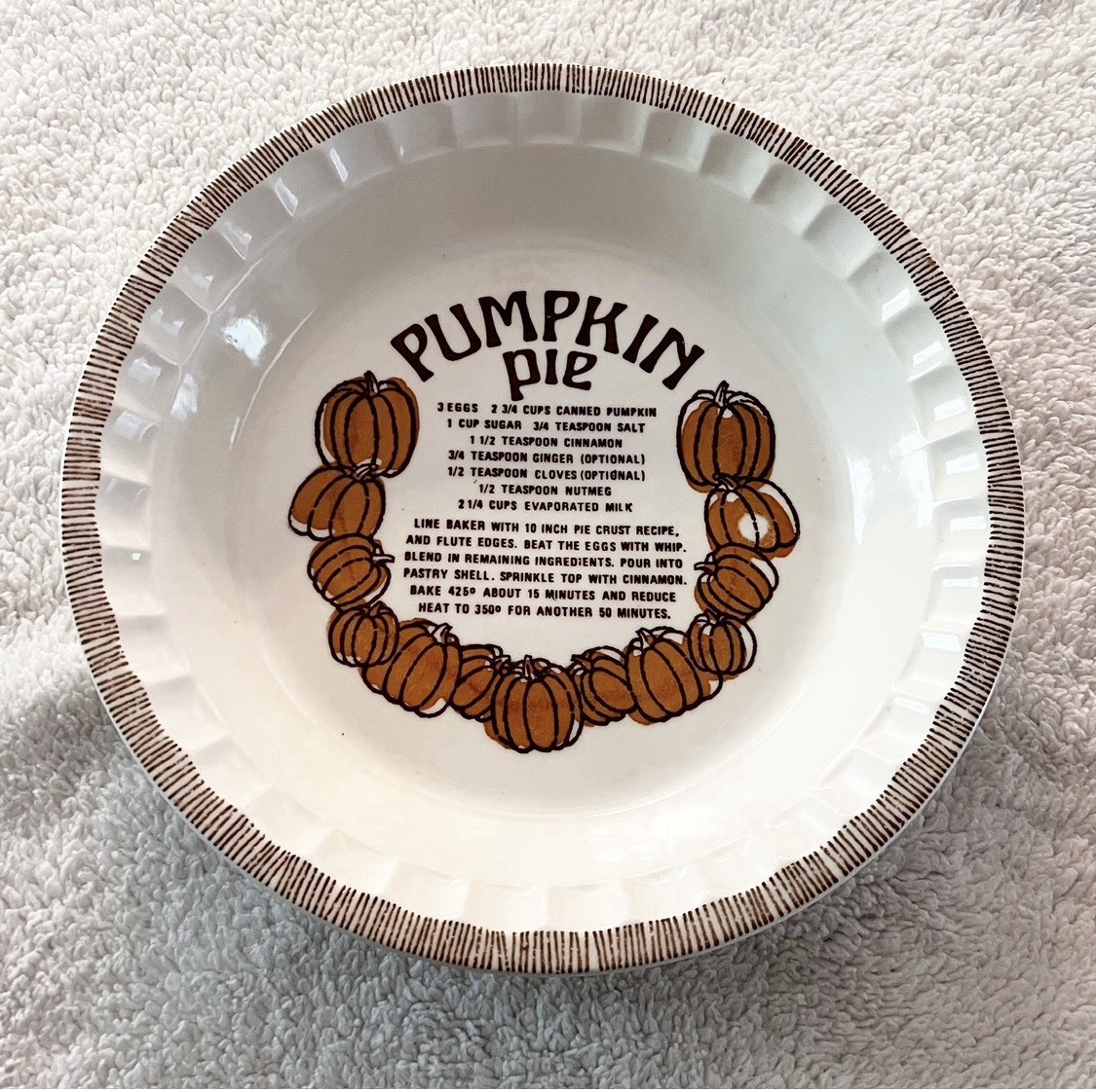 VTG Royal China Jeannette Pumpkin Pie Recipe Plate 11” USA Country Harvest Fall