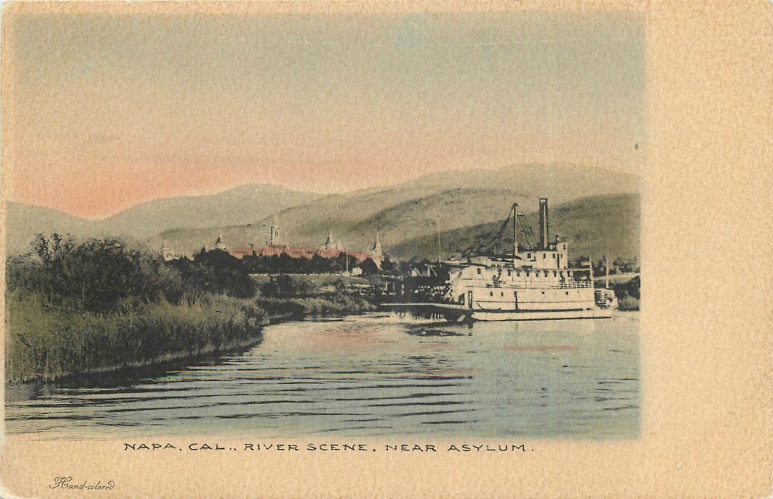 Napa, California River Scene Steamboat Near Asylum Hand-Colored Postcard c1905