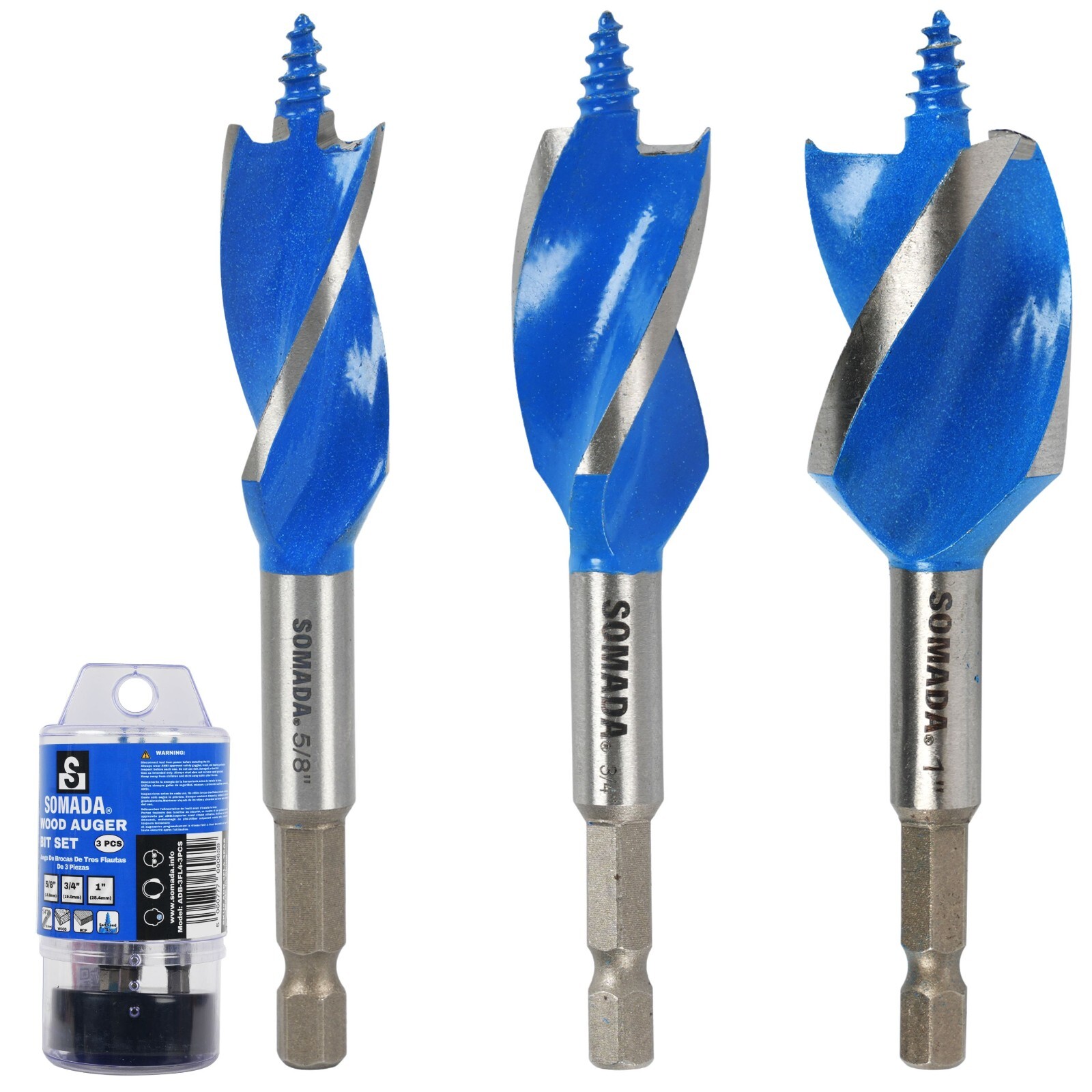 Wood Auger Drill Bit Set 3-Piece 5/8 3/4 1 Inch 4-Inch Hex Shank Woodworking