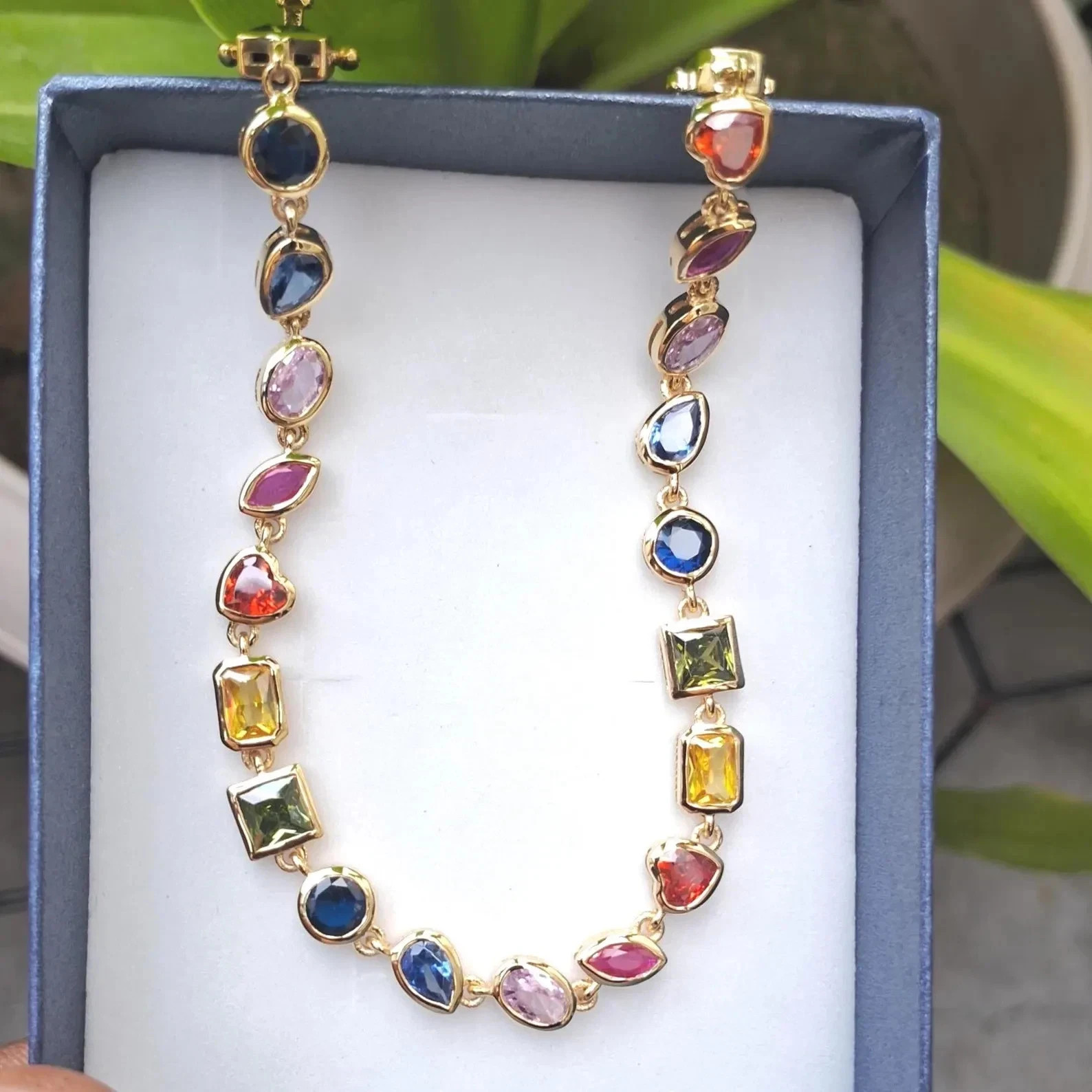 Rainbow Multi-Cut Multi-Color Gemstone Tennis Necklace 14K Yellow Gold Over 16\