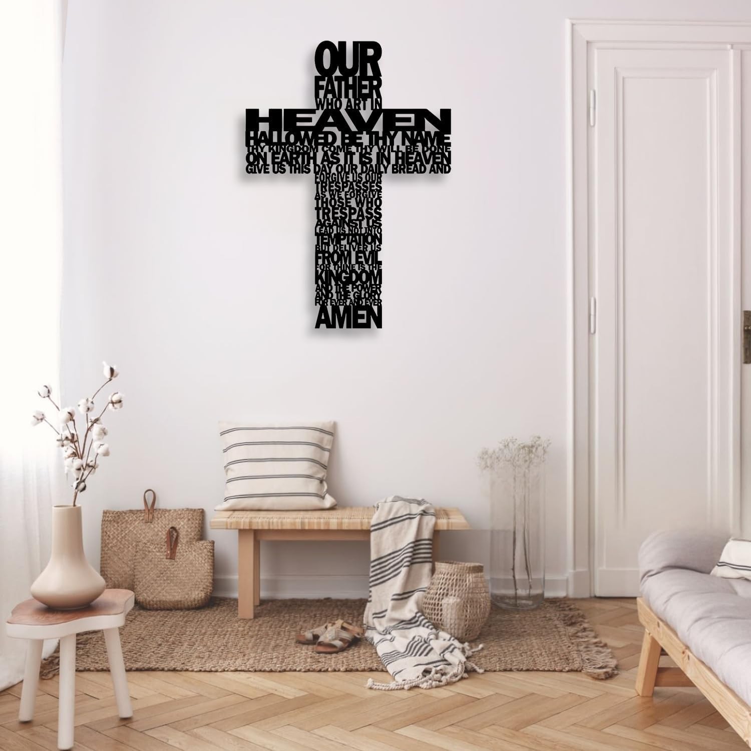 Metal Cross Wall Decor - Rustic Farmhouse Style - Black Prayer Text Cross - Amen