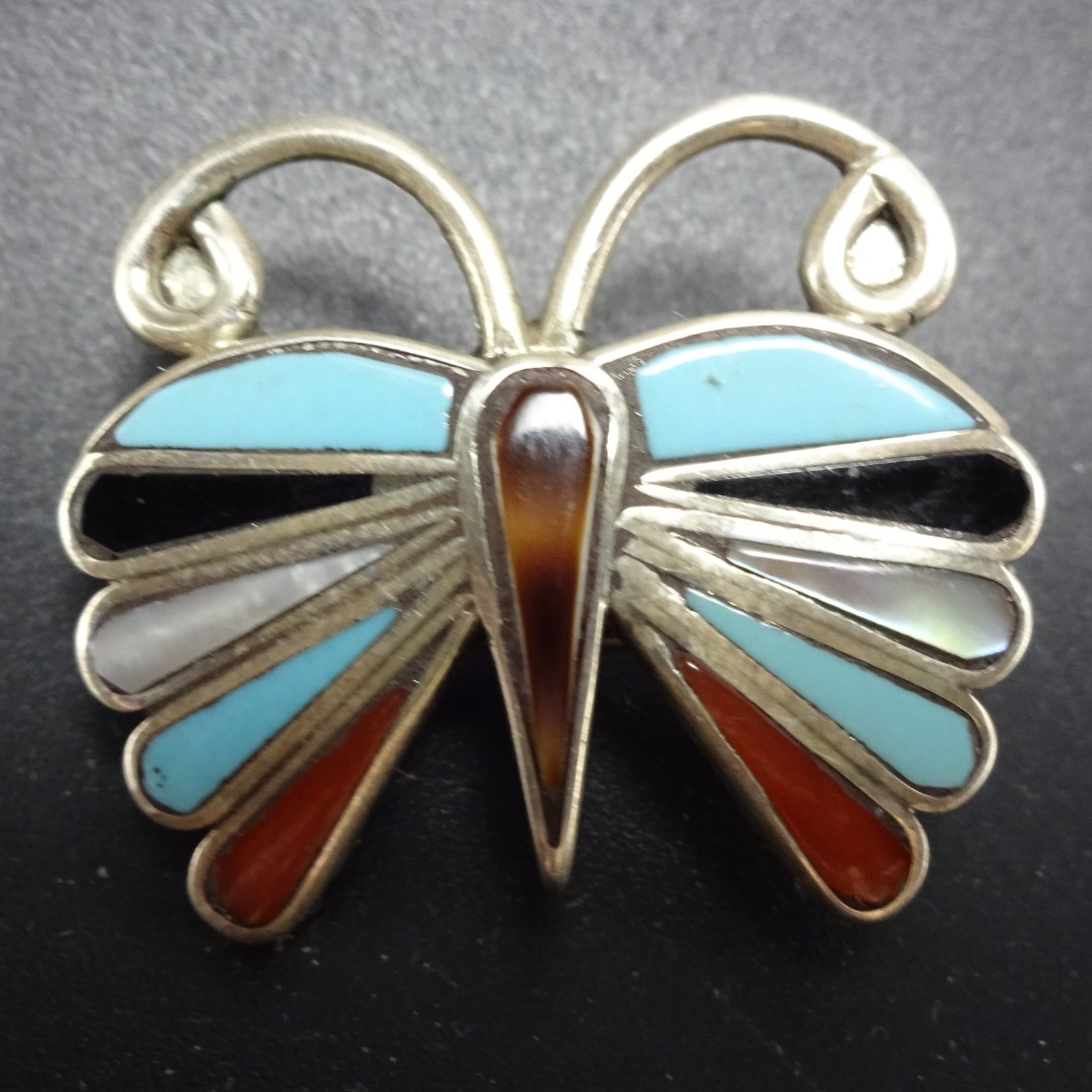 Vintage Emma Edaakie ZUNI Multi-Stone INLAY Sterling Silver BUTTERFLY PIN/PDT
