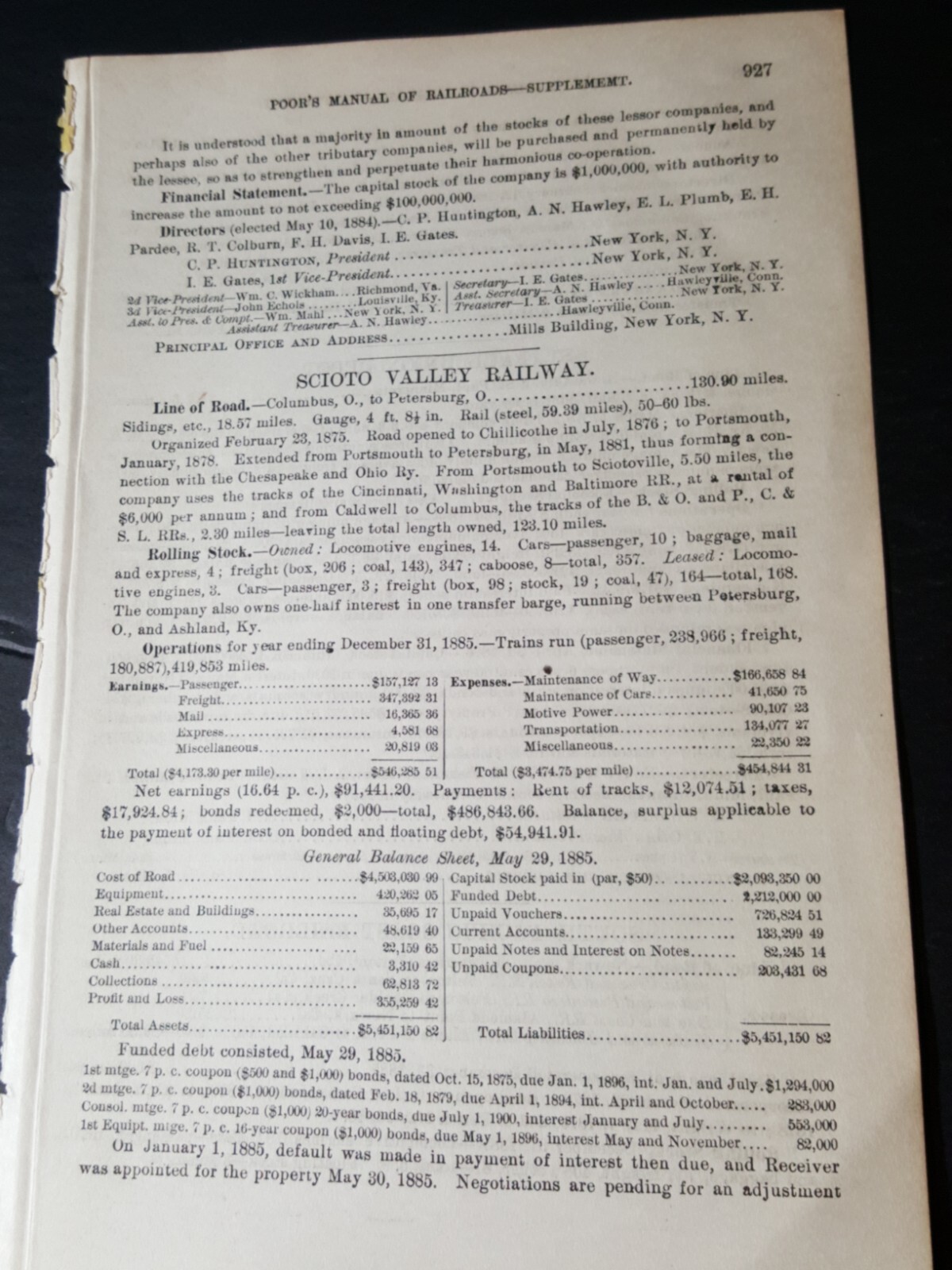 1886 original railroad report SCIOTO VALLEY RAILWAY Petersburg  Columbus Ohio