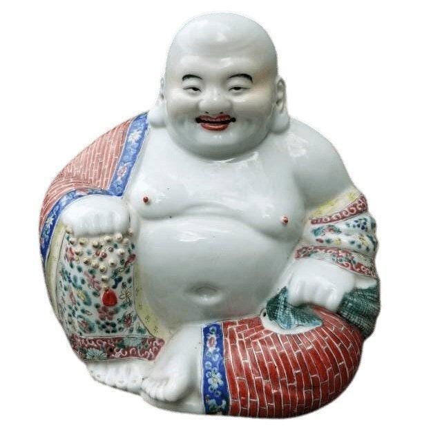 Antique Chinese Famille Rose Porcelain Happy Buddha Statue 10.5