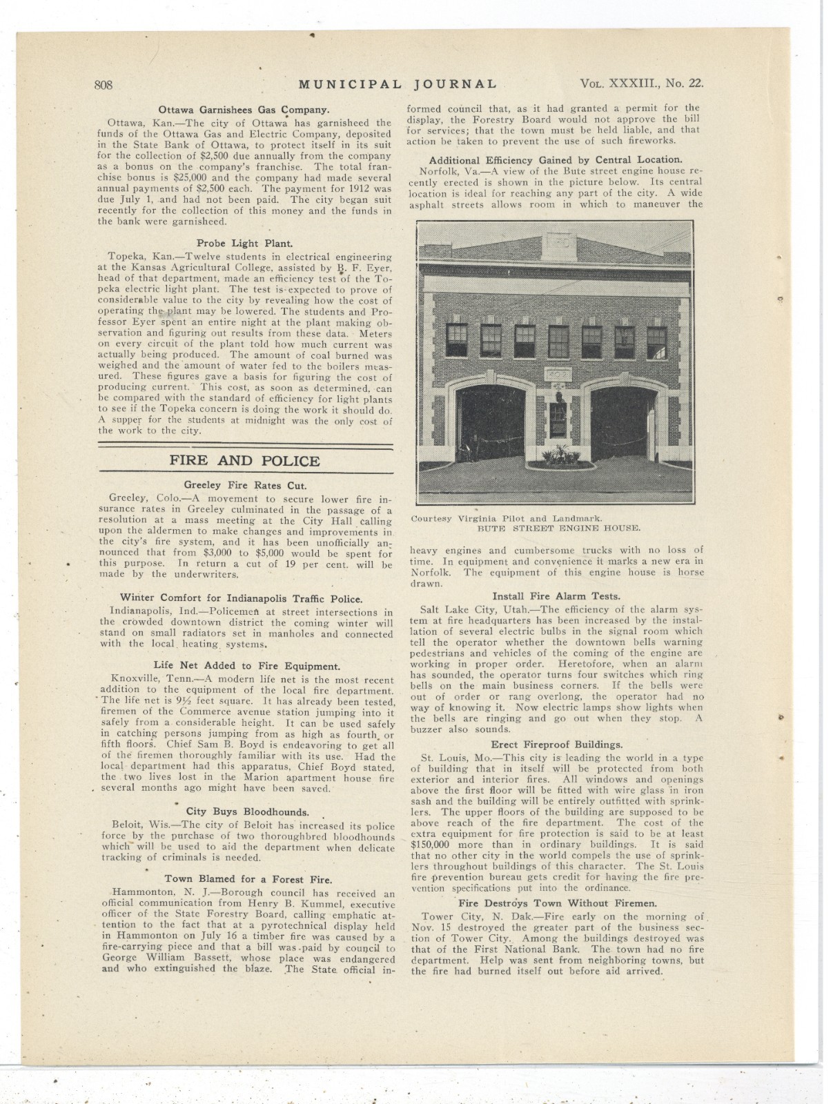 1912 Pic & Short Story: Norfolk Virginia Fire Dept NEW  Bute Street Engine House