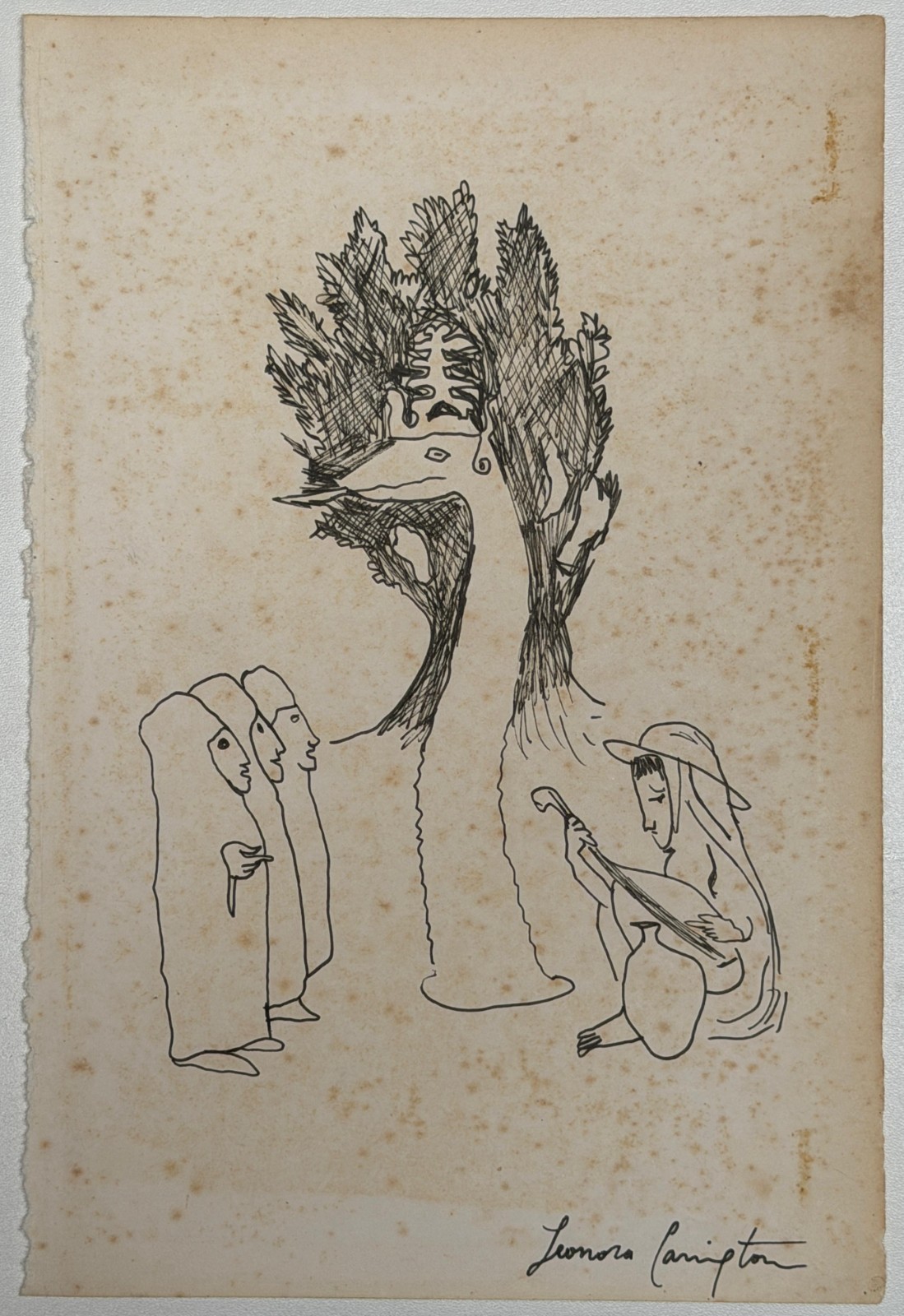 Leonora Carrington (Handmade) Drawing On Old Paper Signed & Stamped, Vtg art