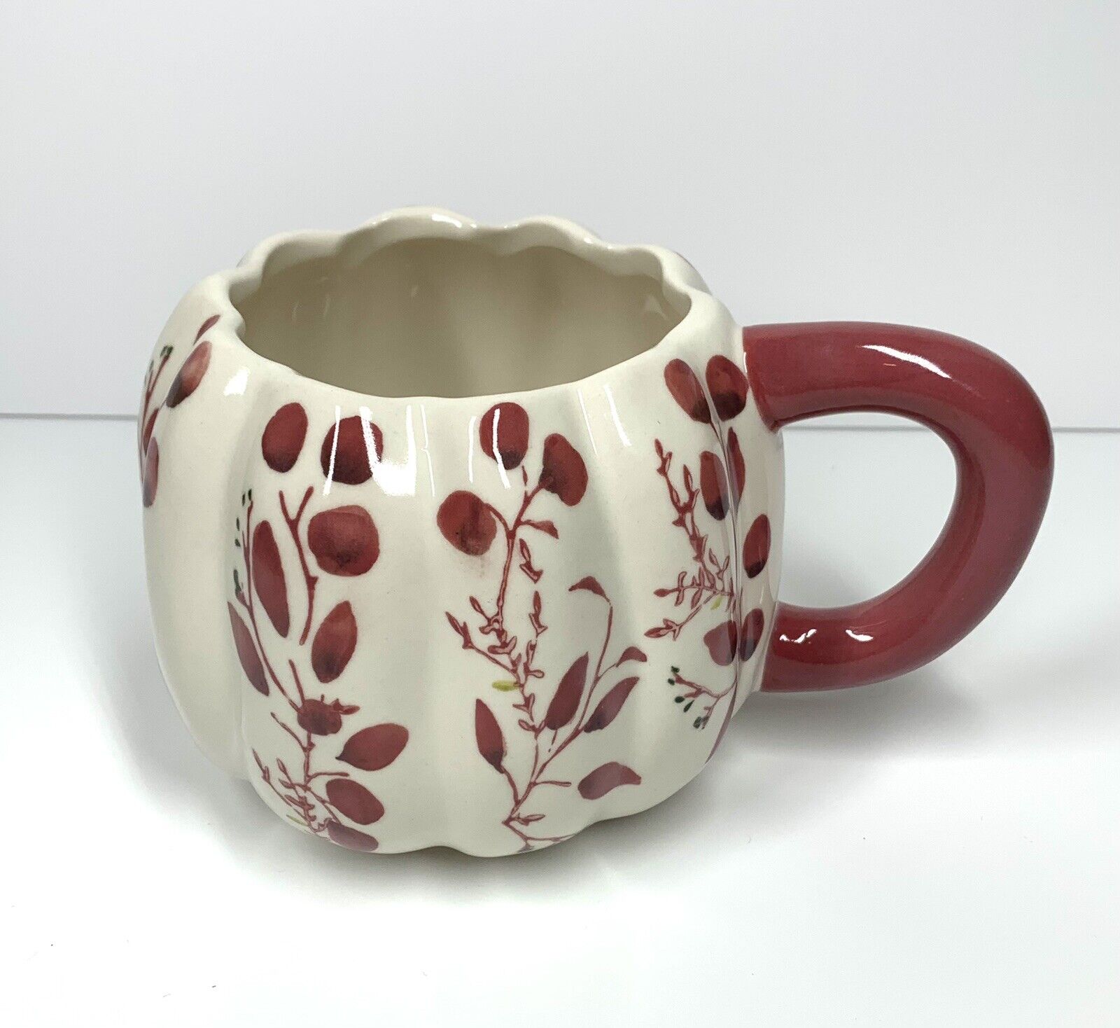Anthropologie Floral Pumpkin Mug With Red Floral Inlay 20oz Handpainted EUC