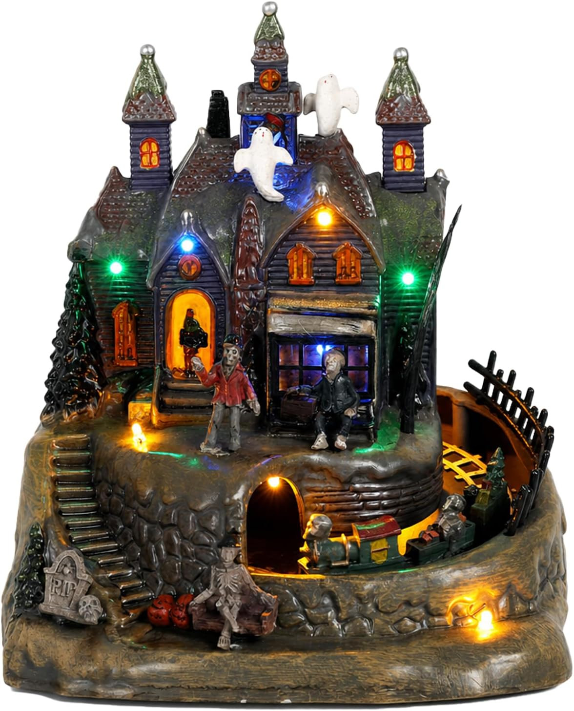 Halloween Village Animated Lighted Haunted House with Moving Train, Sound