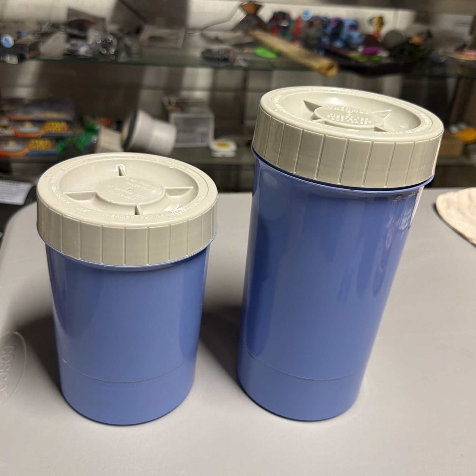Vintage 1970s Thermos King Seeley Blue Food Jar & Vacuum Bottle Lot of 2