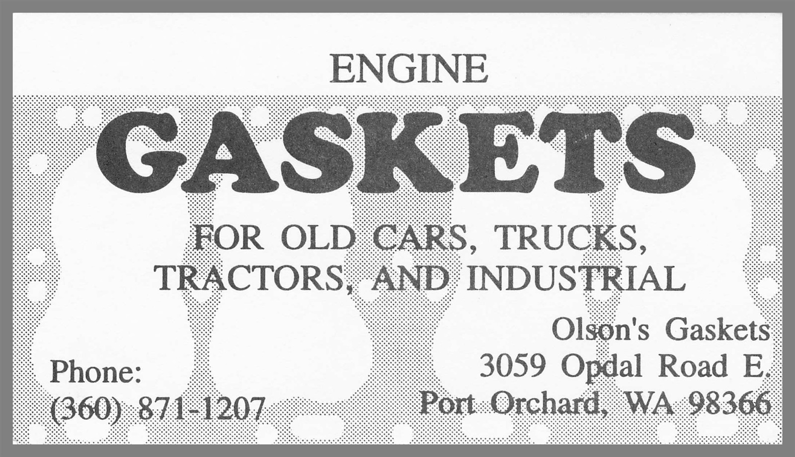 Olson\'s Gaskets Engines Automotive Port Orchard WA Vintage Business Card