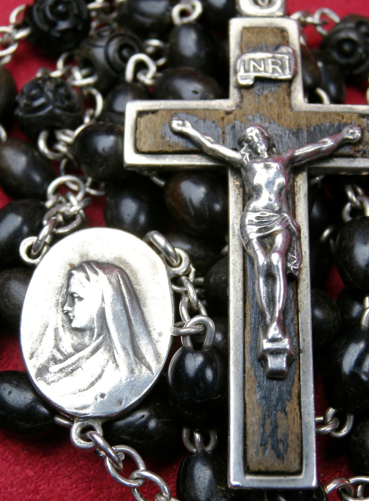 Carmelite Nun’s Antique Sterling Engraved Ebony Bead First Communion Rosary