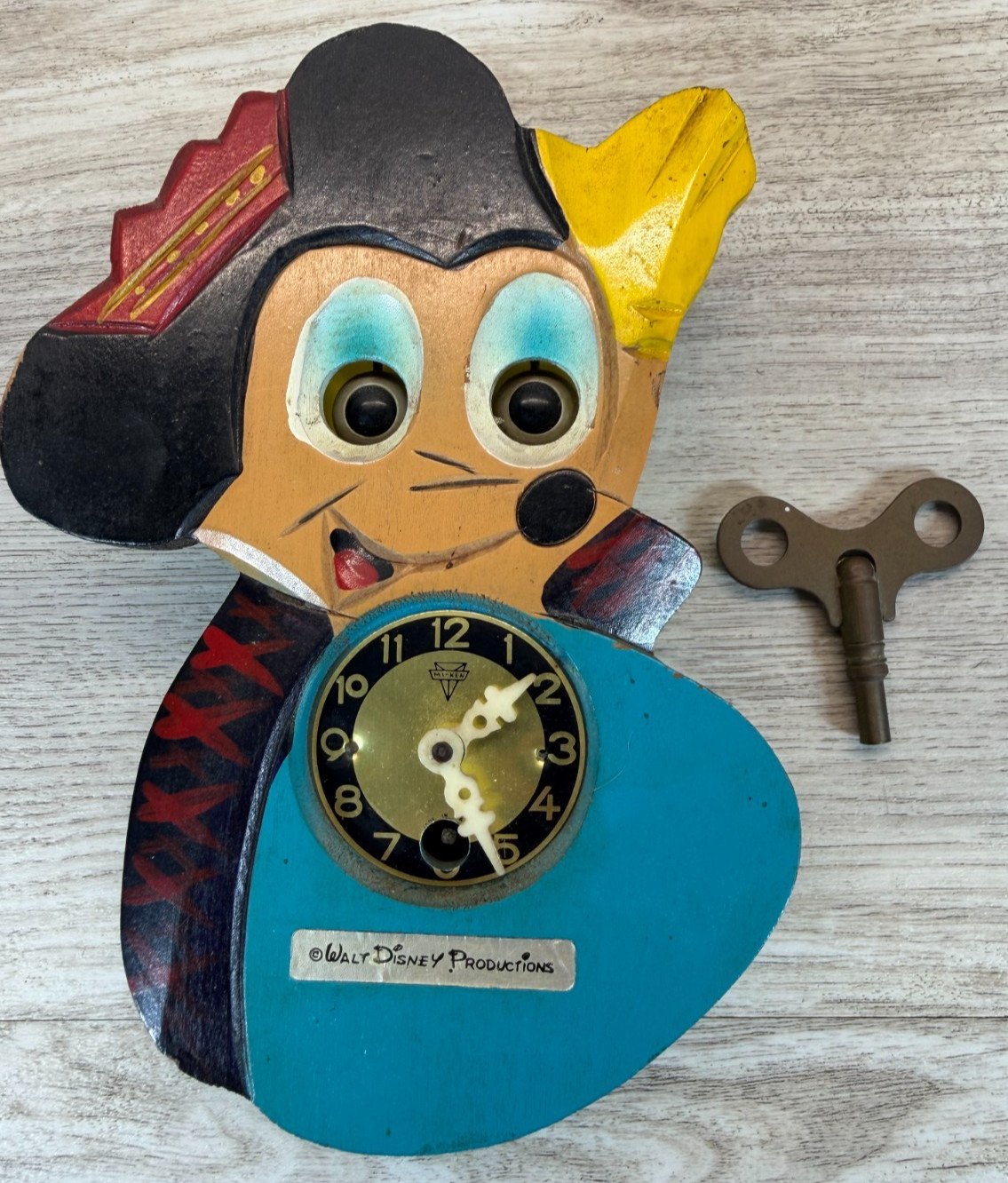 Vintage Mickey Mouse Mi Ken Wall Clock 1950s & Key Made In Japan