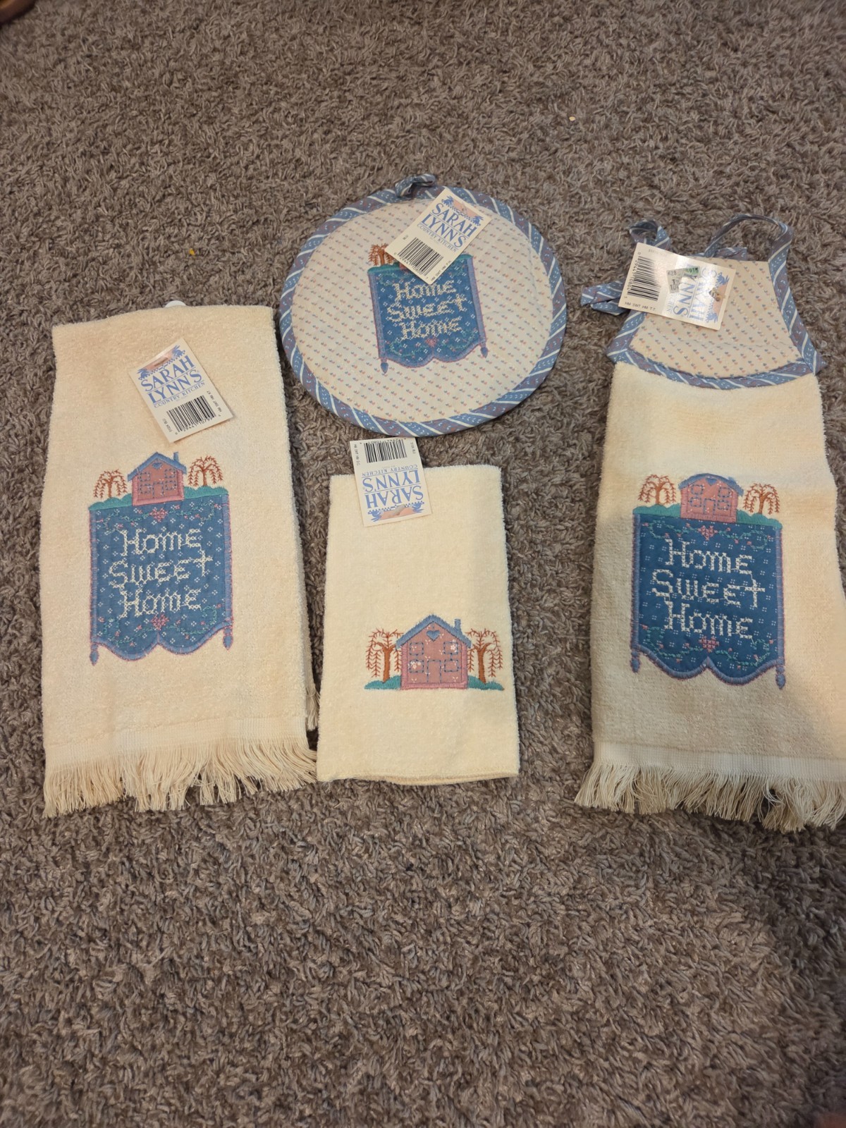 Vintage 1990s Home Sweet Home Cottage Core Kitchen Towel Set Sarah Lynn\'s NOS