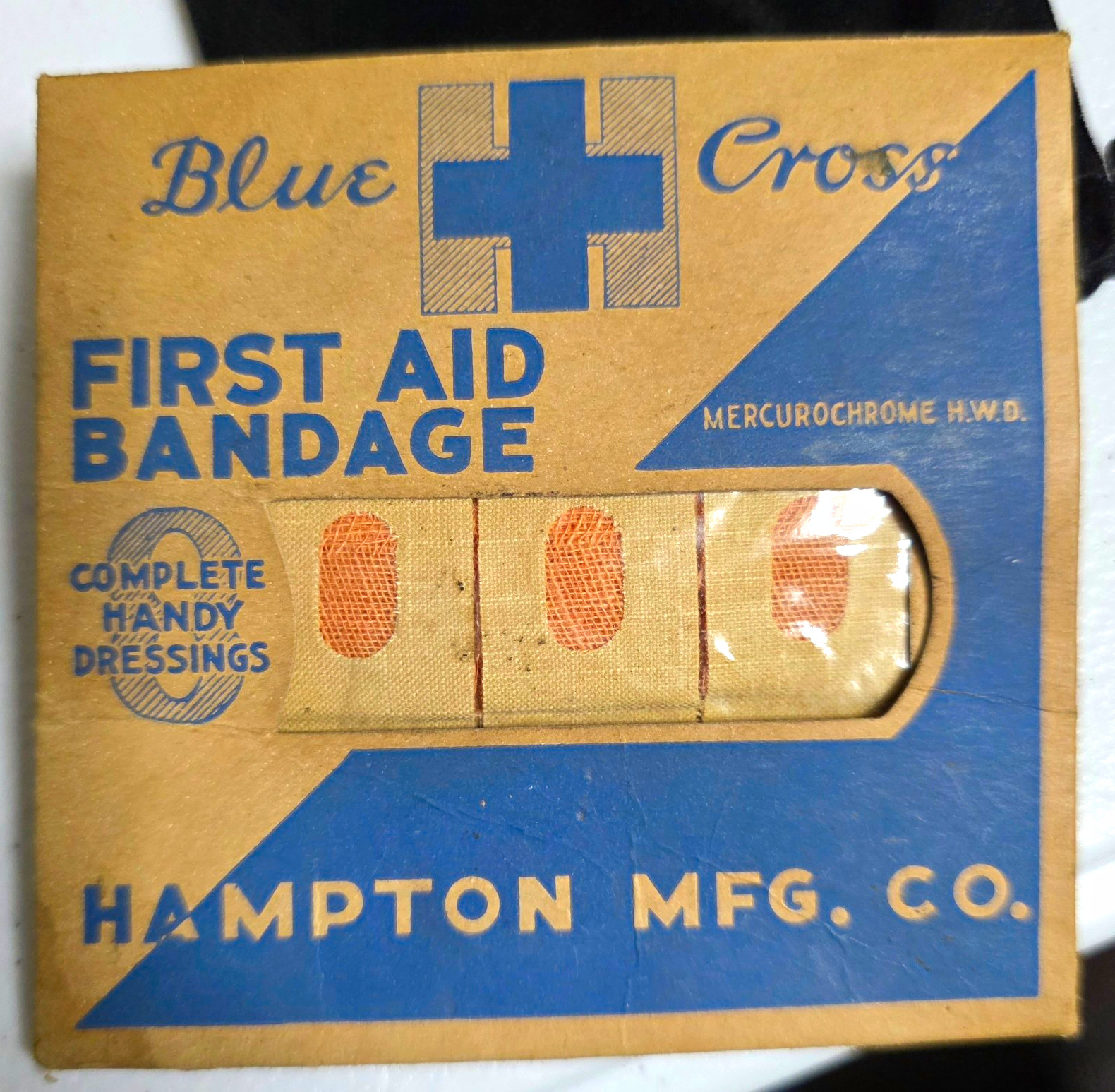 VTG Blue Cross First Aid Bandage & Adhesive, Hampton Mfg Co, Made in U.S.A.