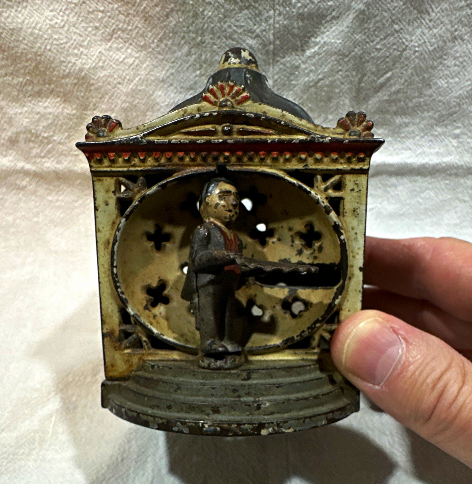 Vintage Cast Iron Mechanical Bank with Figure, Dome Top Building