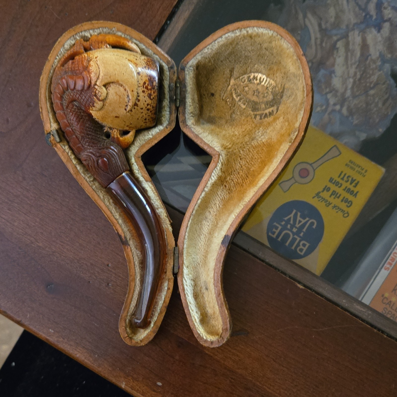 Antique Meerschaum Tobacco Pipe Carved Eagle Claw w/ Fitted Case