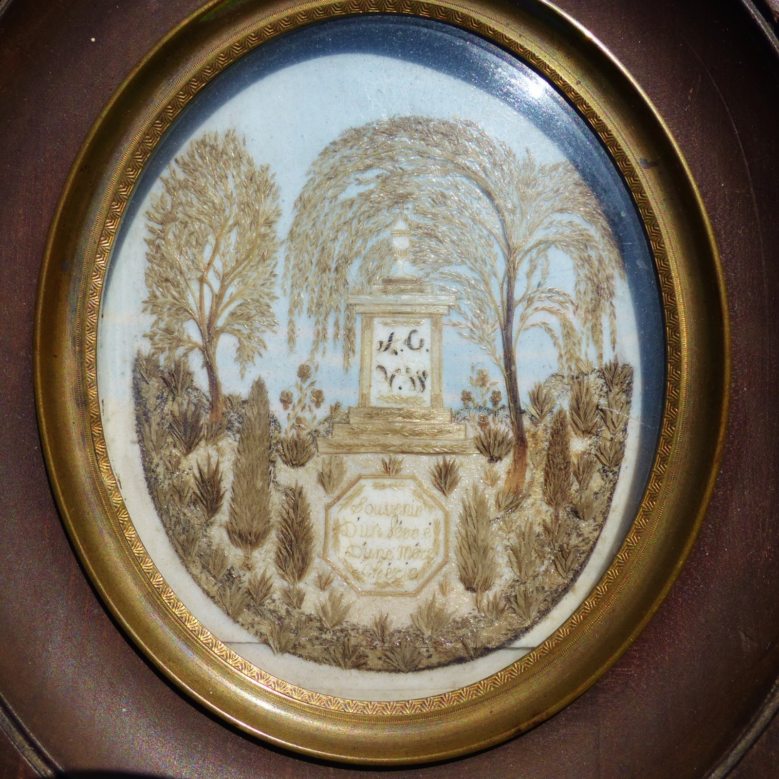 SUPERB ANTIQUE FRENCH MID 19th CENTURY SENTIMENTAL MOURNING HAIR ART 1850's