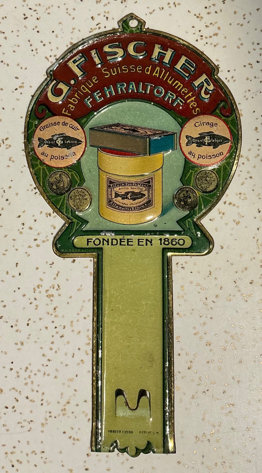 Vtg.  G. Fischer Swiss Advertising Tin Wall Match box Holder 1860 Fehraltorf