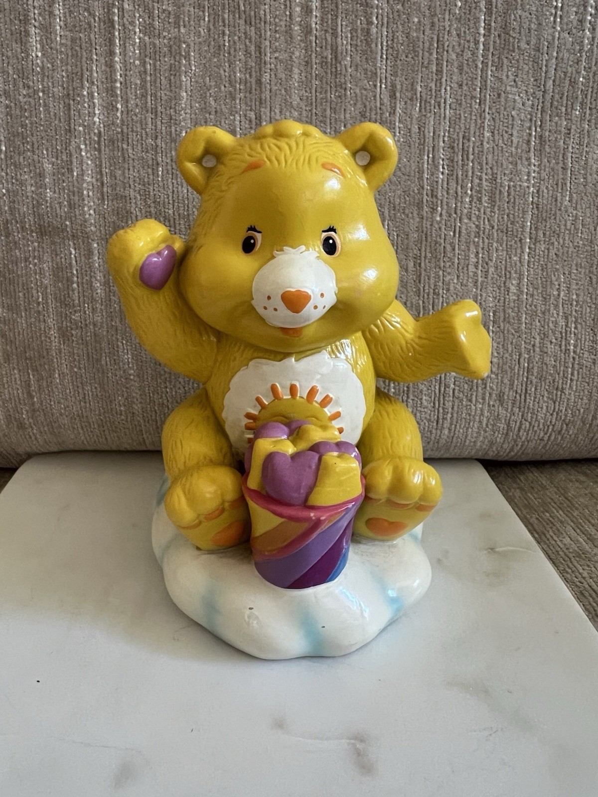 VTG TCFC Ceramic FunShine Yellow Care Bear Piggy Bank Coin Bank on Cloud Base