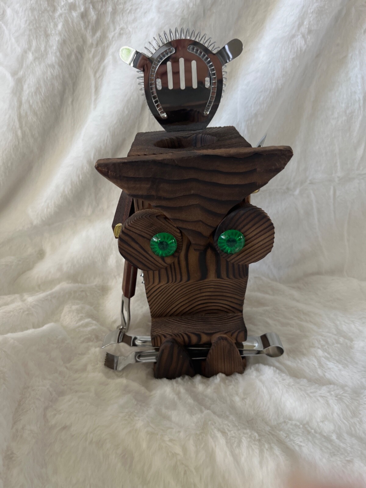 Vintage 70s Handmade Raised Grain Wood Owl Cocktail Bar Tool Caddy Set Holder