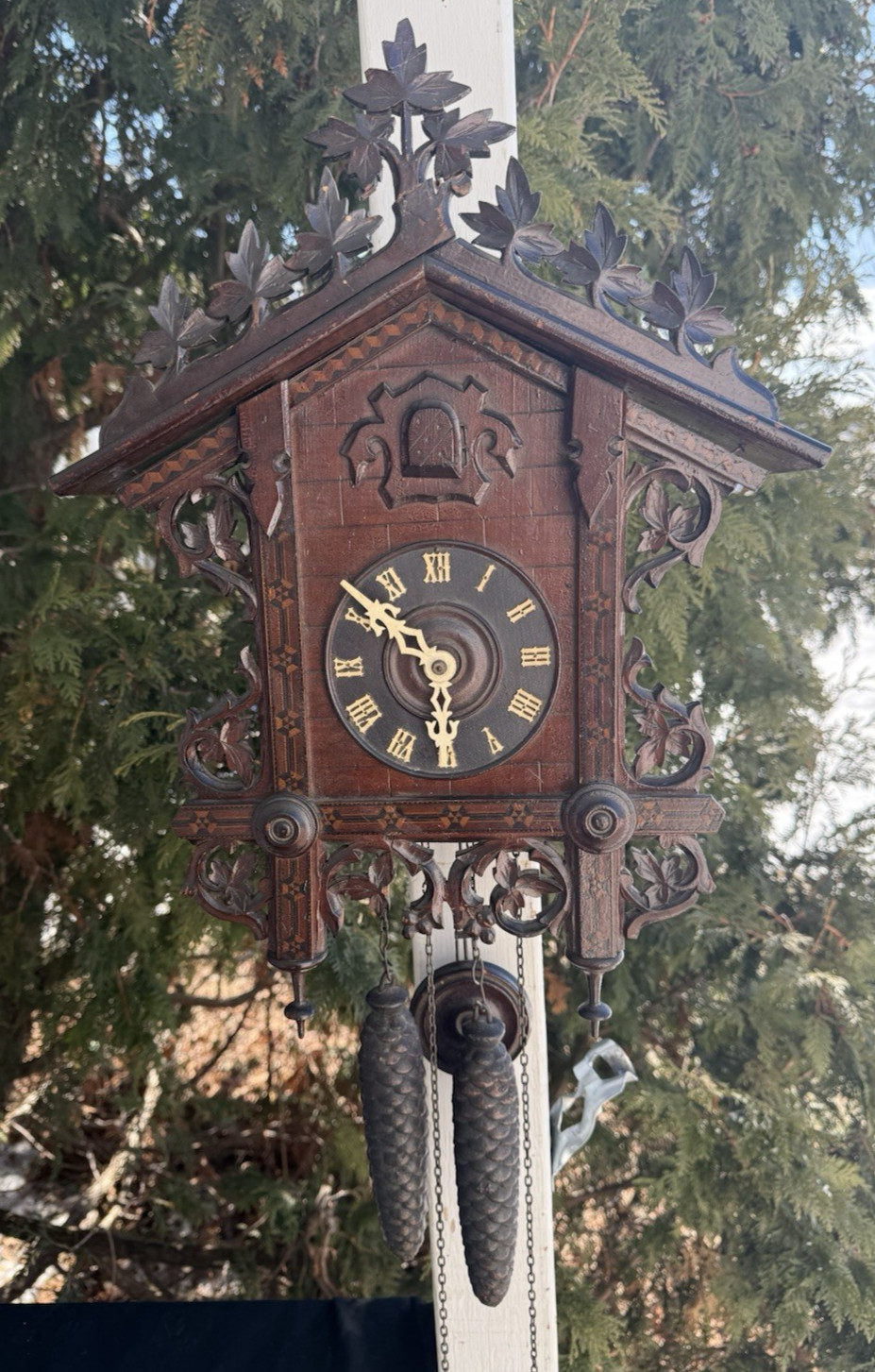 Antique C 1890s German Weight Driven Railroad Cuckoo Clock - RUNS GOOD