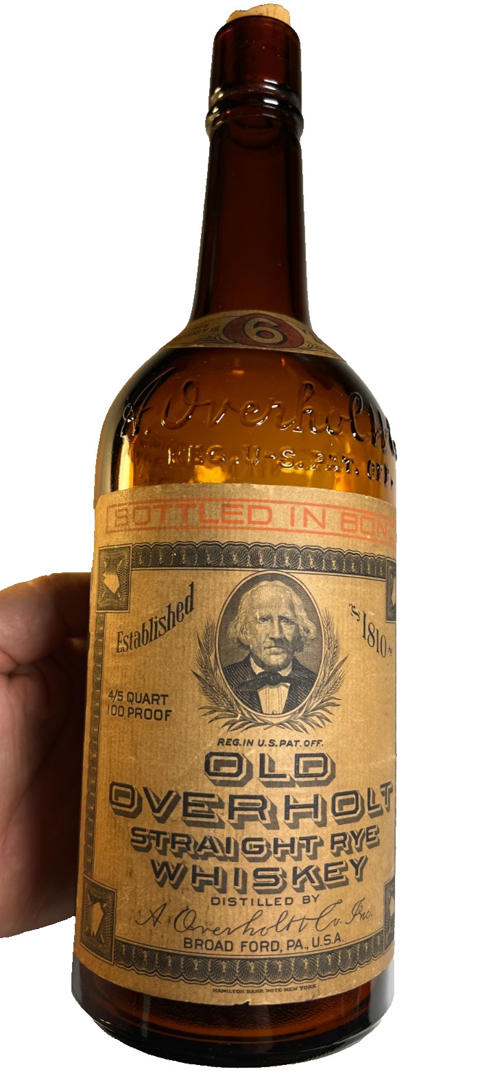 Antique Old Overholt Rye Whiskey Bottle 6 Year Broad Ford PA Pennsyalvia Labeled