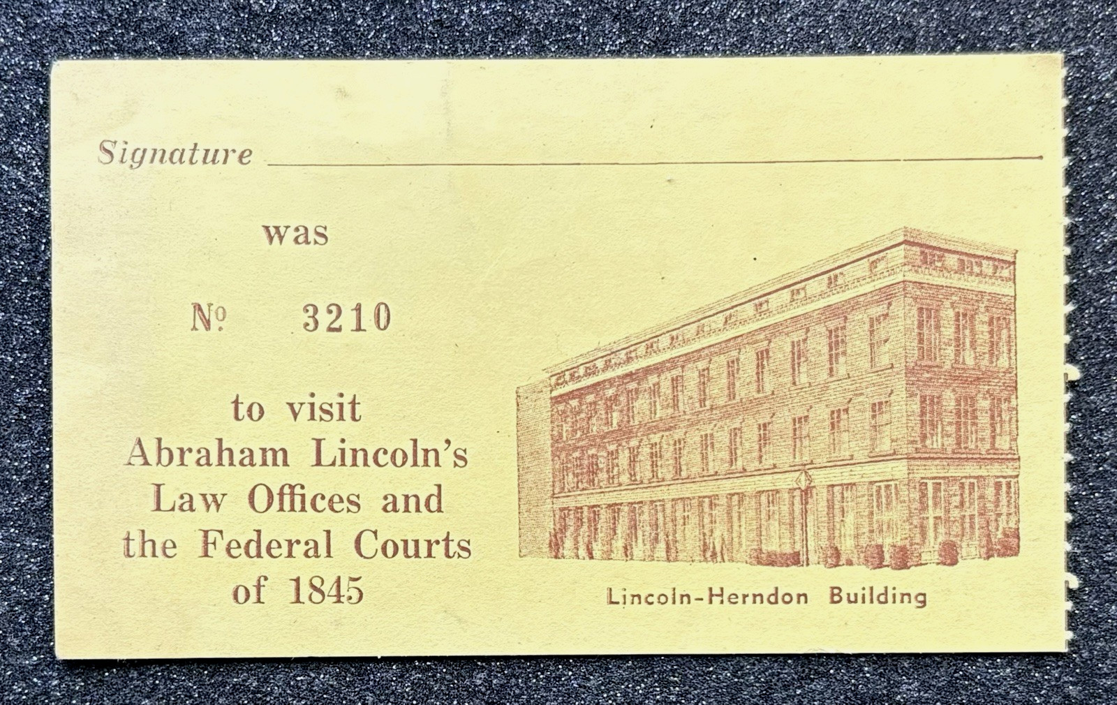 Vintage Ticket to Abraham Lincoln's Law Office, Downtown Springfield, Illinois