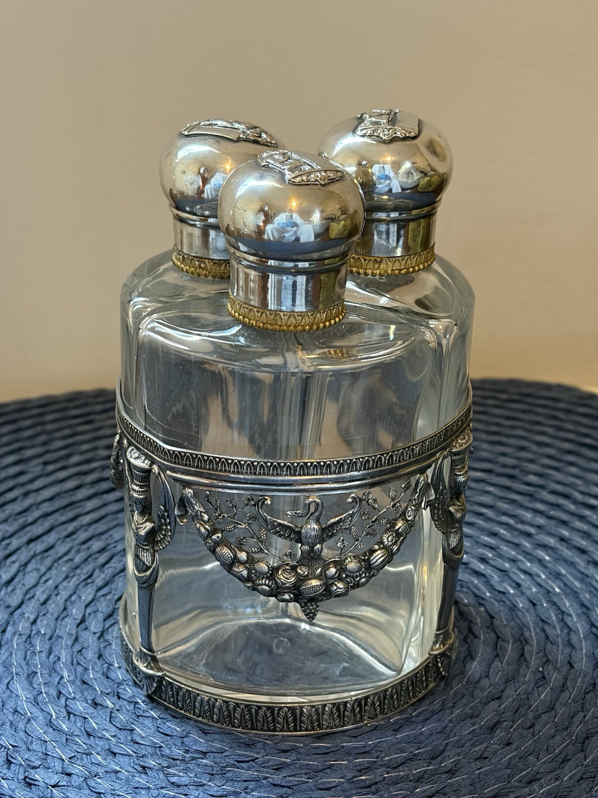 Empire style 19th C trio of perfume bottles in Silver plate ornate caddy France