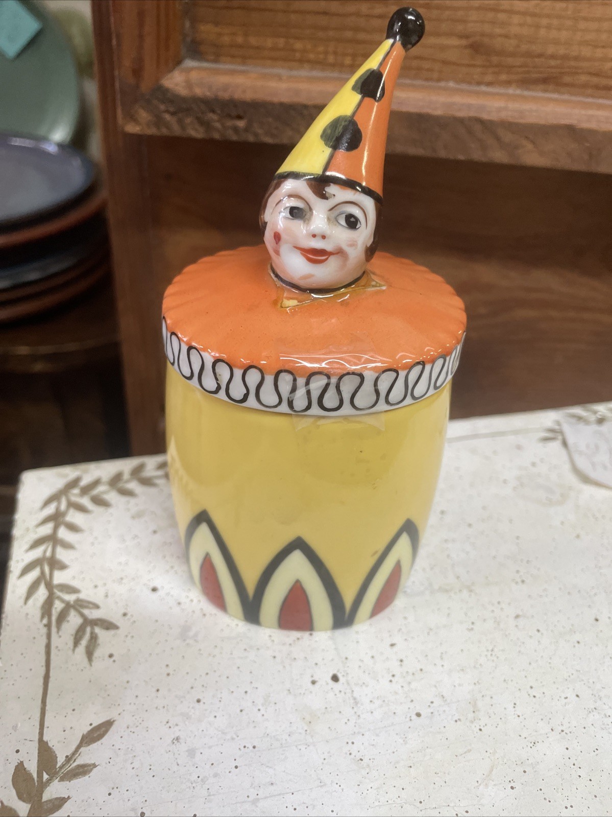 Vintage Art Deco Noritake Figural Clown Pierrot Lusterware Canister Jar  As Is 