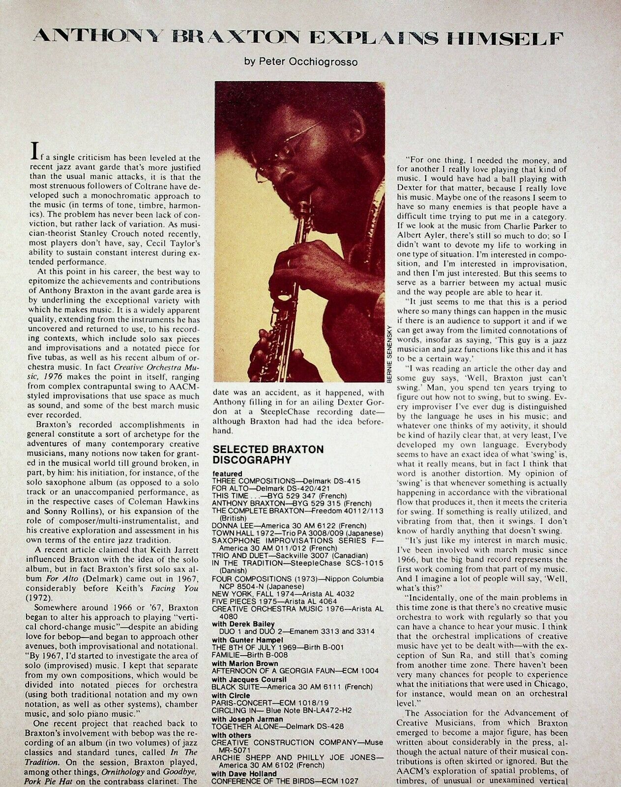 1976 Anthony Braxton Jazz Avant Garde Musician - 3-Page Vintage Article