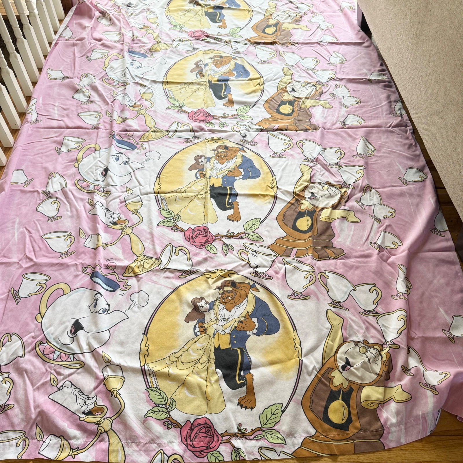 VINTAGE Disney Beauty and the Beast Flat Bed Sheet Twin 1990\'s PINK