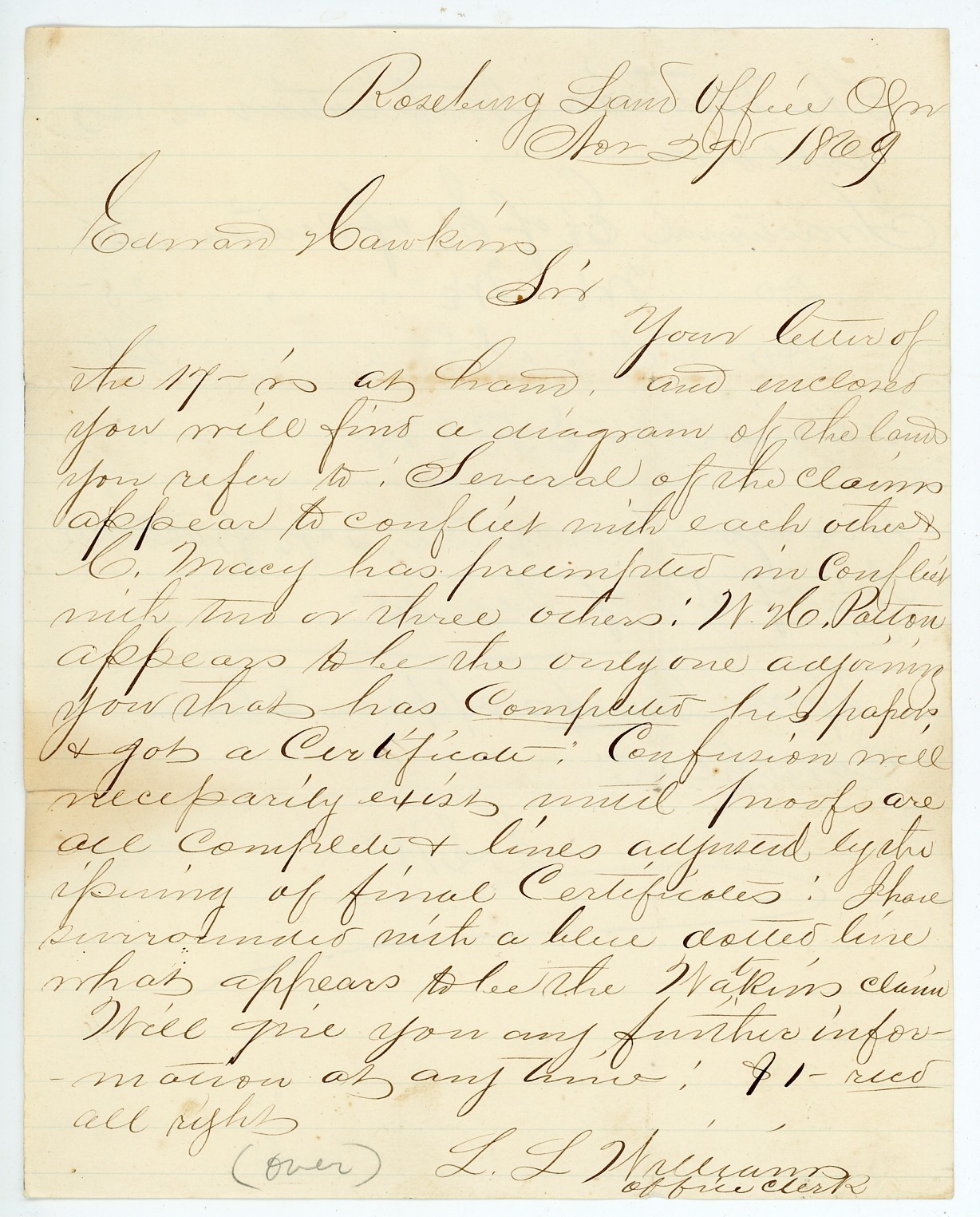 1869 Letter from Roseburg Oregon Land Office re Willamette Valley Land Dispute