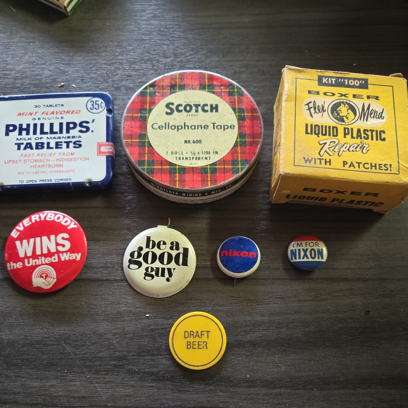 Vintage Old Advertising Items  Tins, Badges, Box