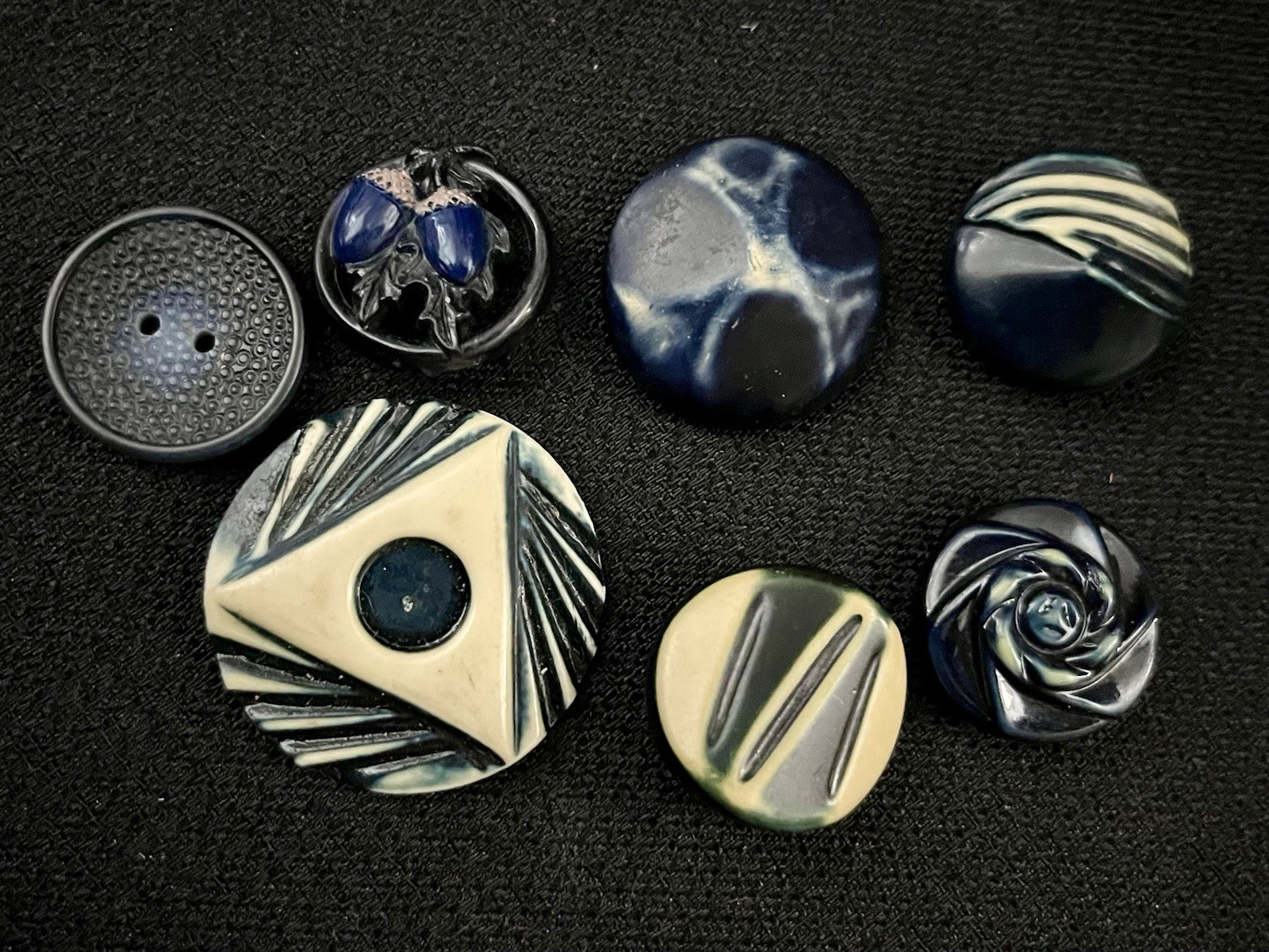 Vintage Buffed Buttons Dark Blue And Cream Acorns Abstract Design