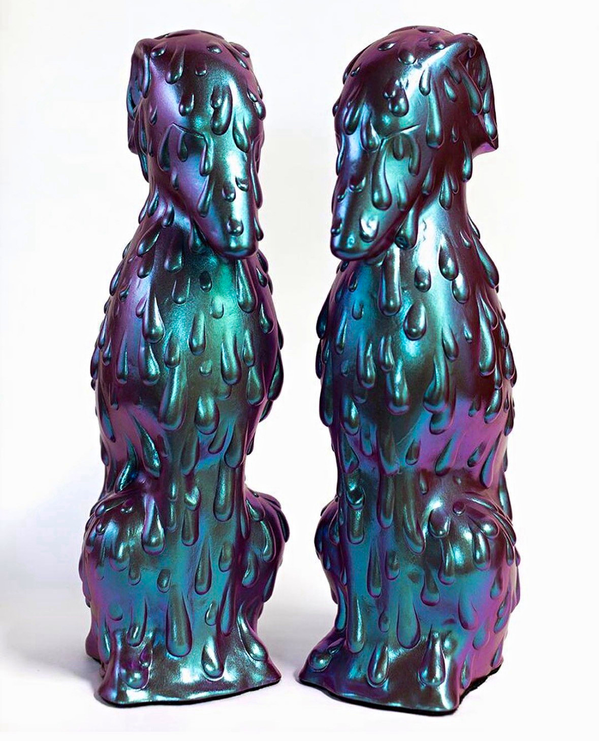 Iridescent Resin Dog Figurines Pair, Multicolor 3D Effect, by artist Syd Bee