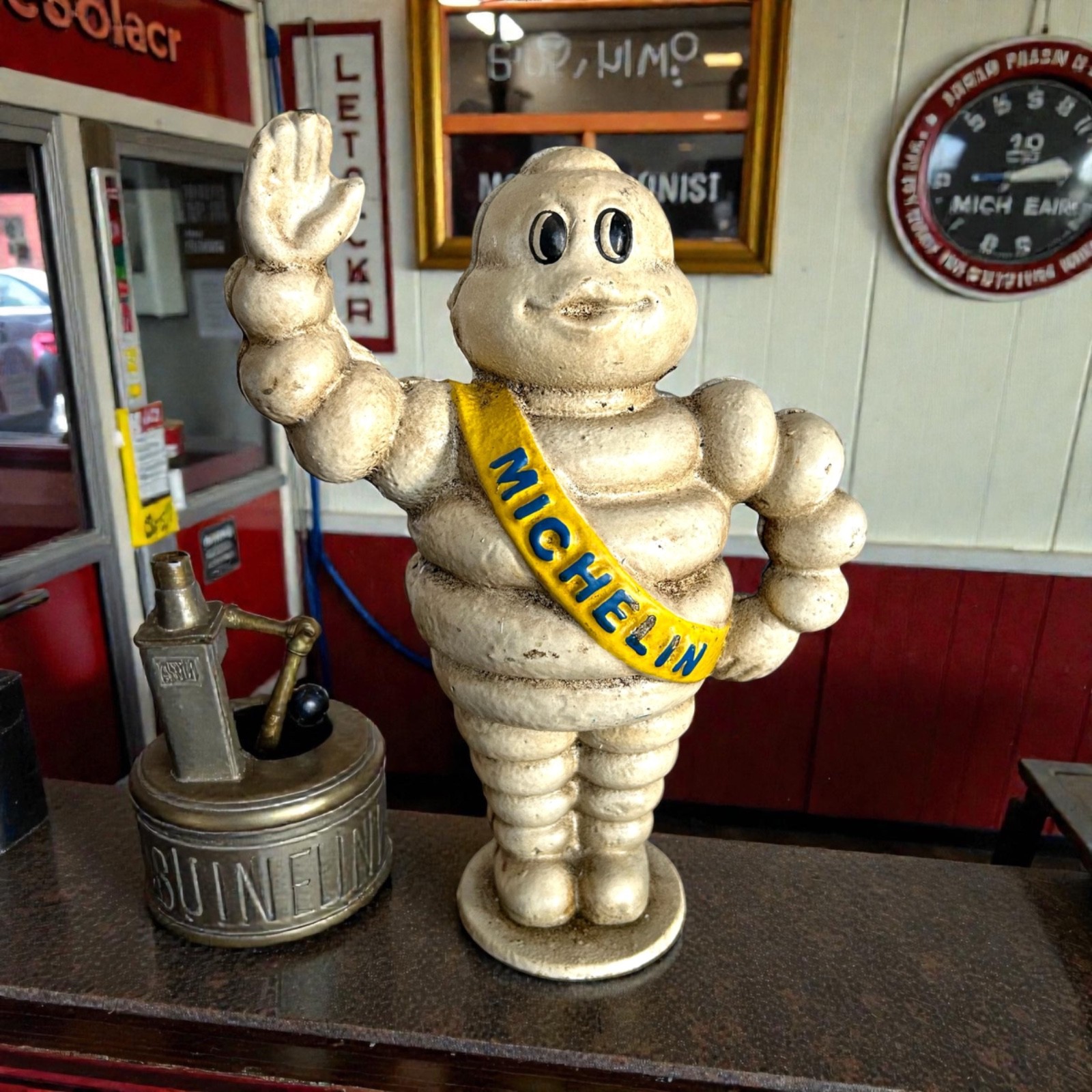 Vintage Style Cast Iron Michelin Man Bank Waving Bibendum Tire Mascot 8.5