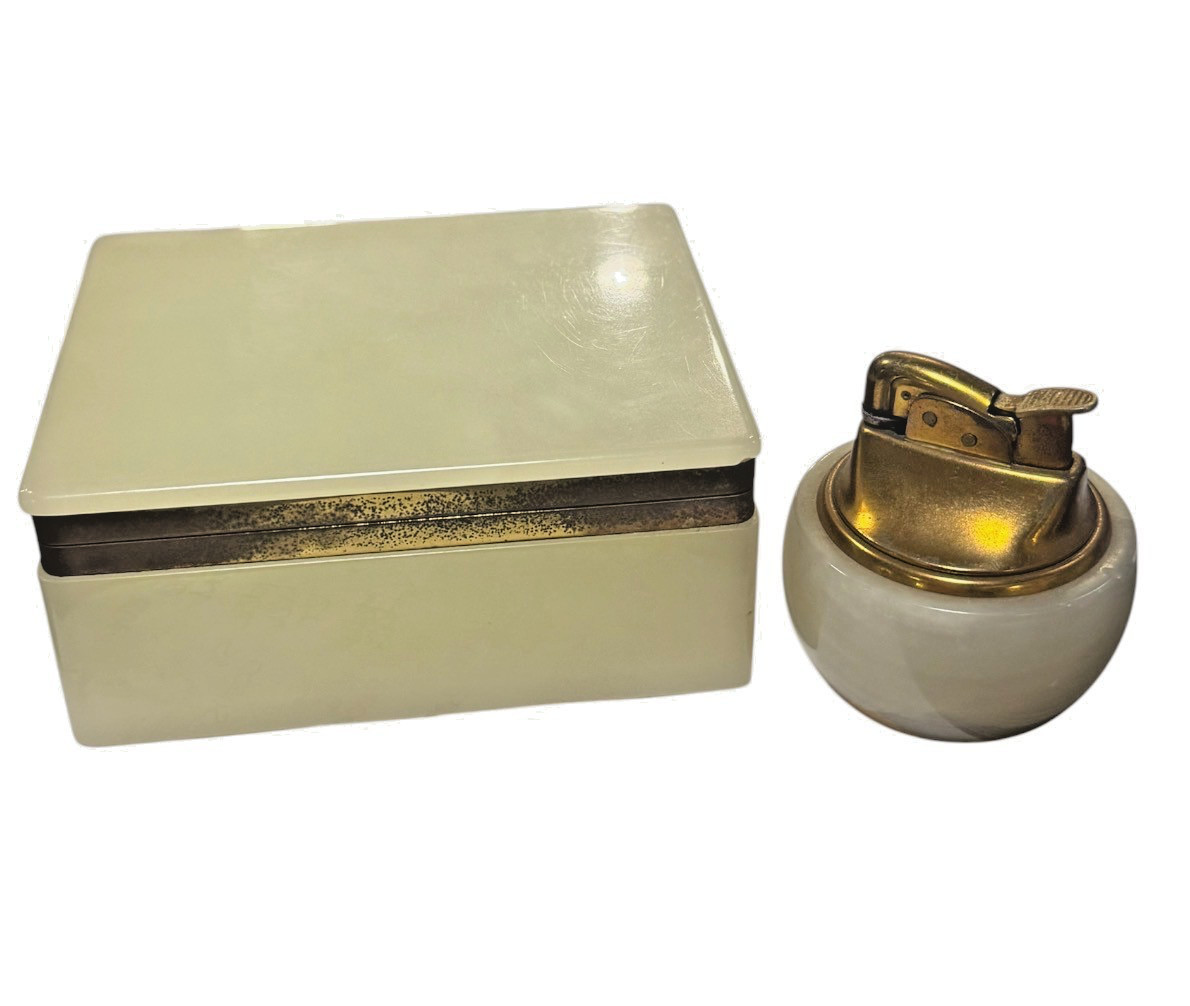 VINTAGE ONYX CIGARETTE TRINKET BOX & TABLETOP LIGHTER SMOKING SET BELGIUM